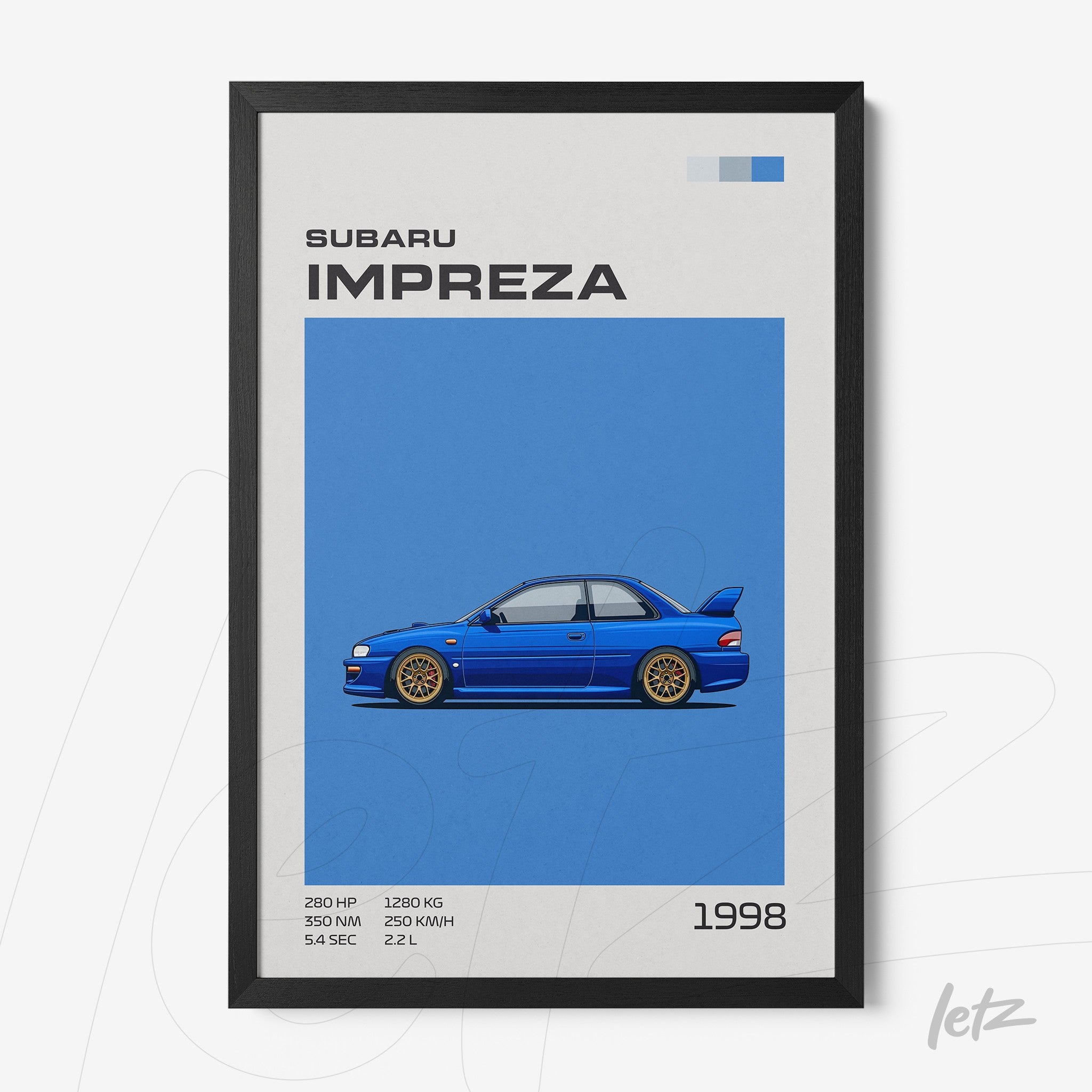 framed wall art featuring a blue Subaru Impreza illustration with a black frame and solid blue background