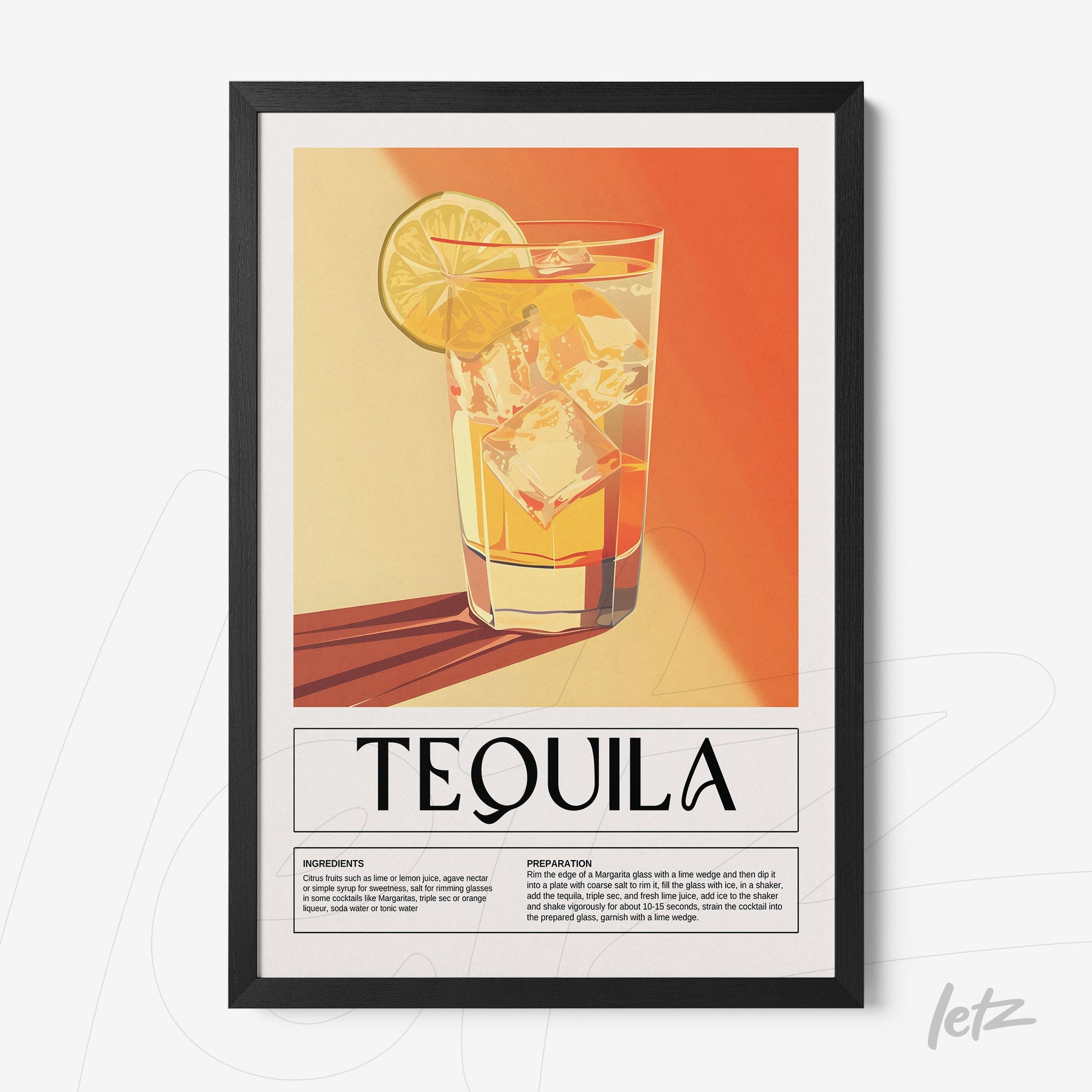 framed minimalistic art of tequila cocktail with a slice of lemon and descriptive text below