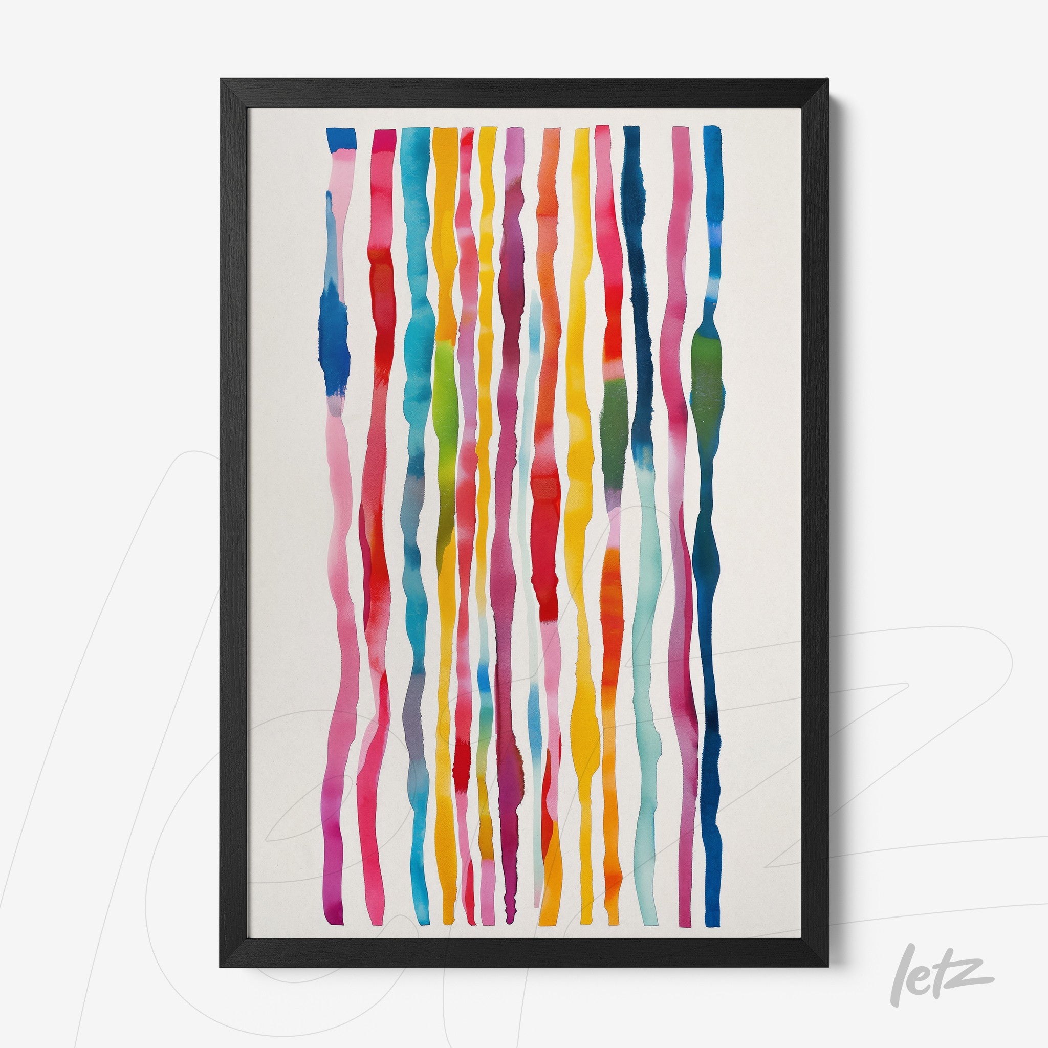 framed abstract art featuring colorful striped patterns with a black frame