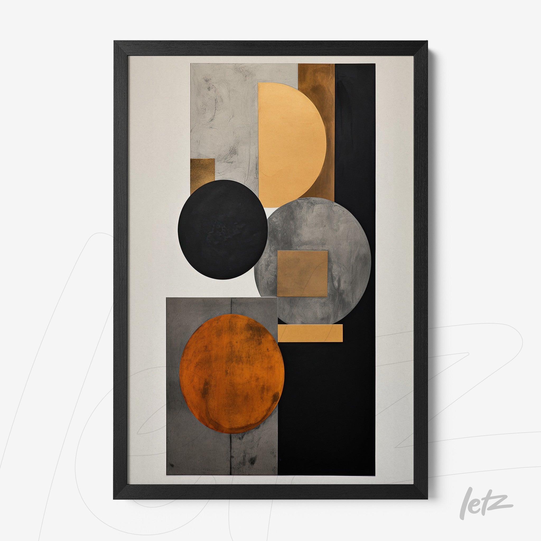 abstract wall art featuring geometric shapes in black, orange, and gray with black frame