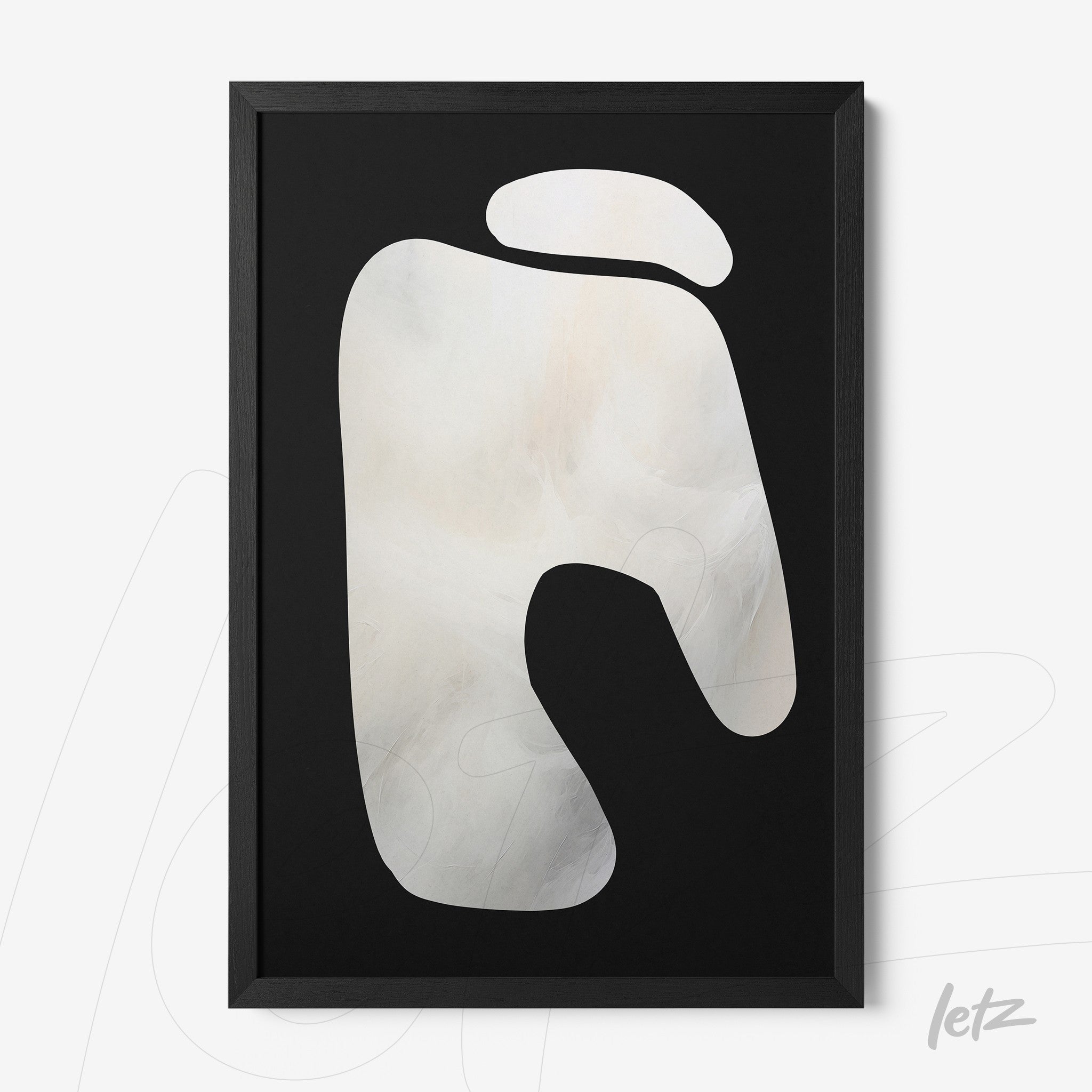 abstract wall art on black background featuring organic shapes in light tones with a black frame
