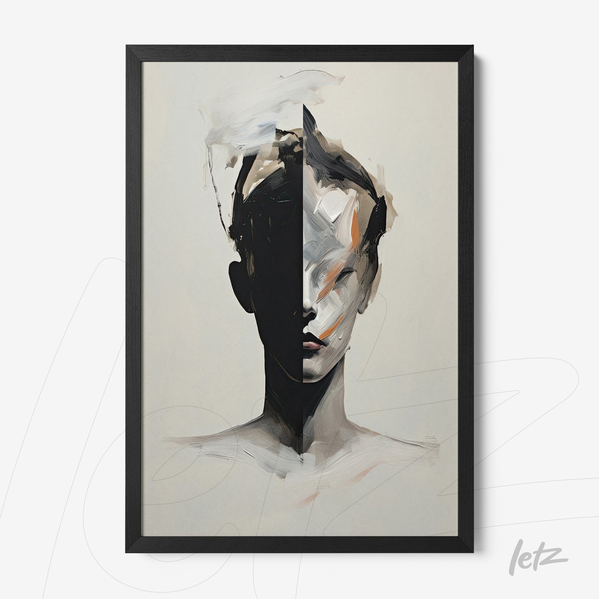 abstract portrait of a human face in black and nude tones with black frame