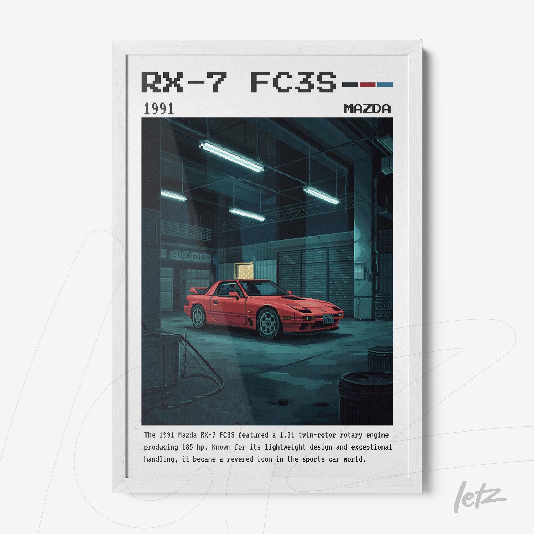 framed retro art of a red Mazda RX-7 FC3S displayed against a dark garage background