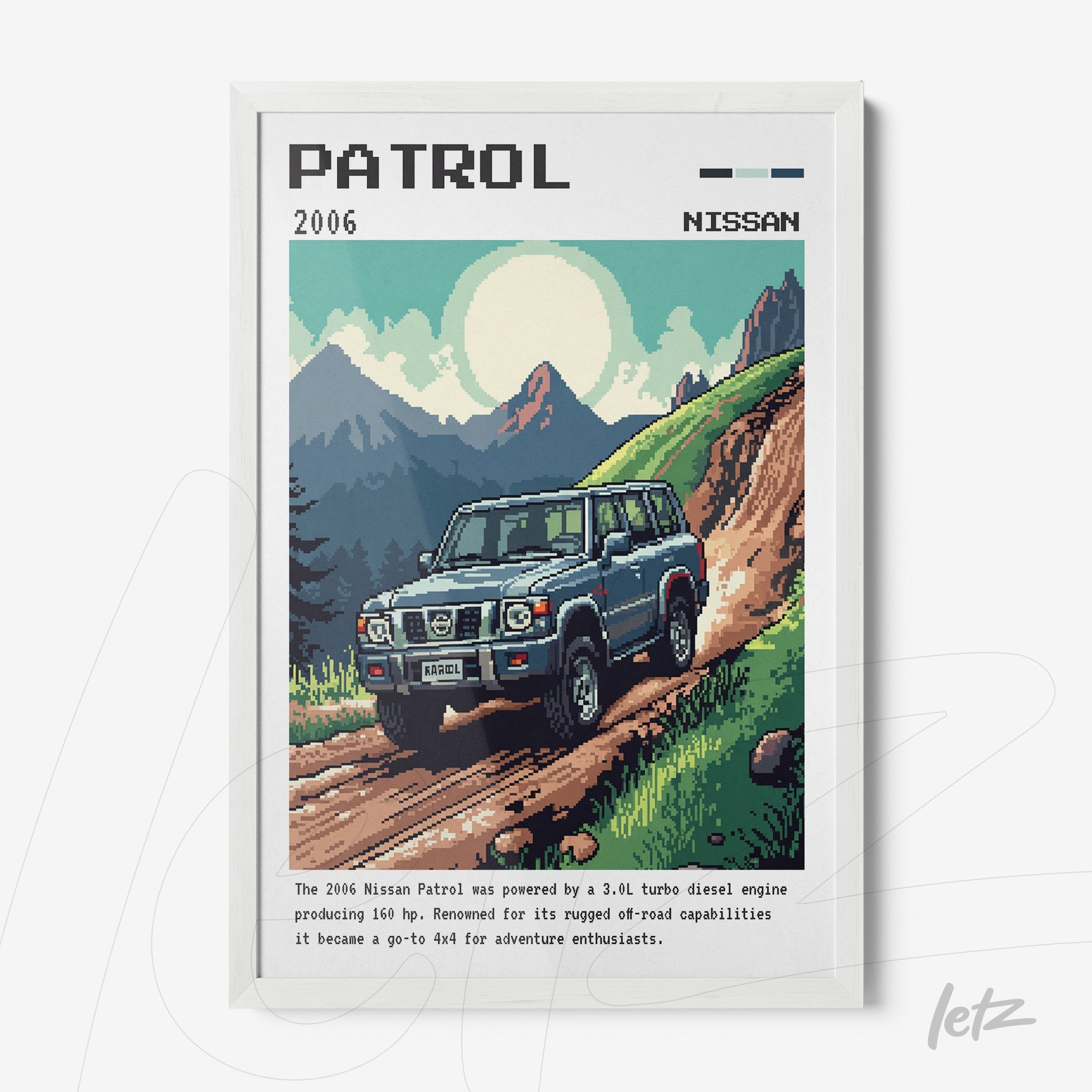 pixel art print of a 2006 Nissan Patrol driving on a mountain road, framed in a modern white frame