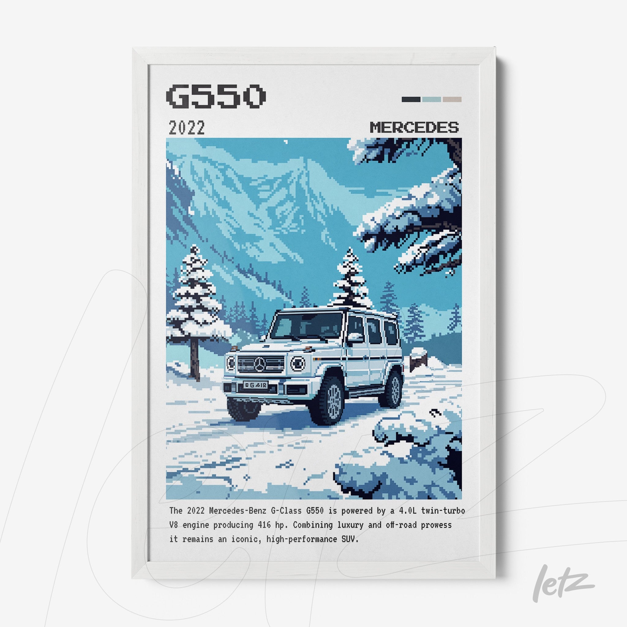 framed pixel art of the Mercedes-Benz G-Class G550 set in a snowy mountain landscape