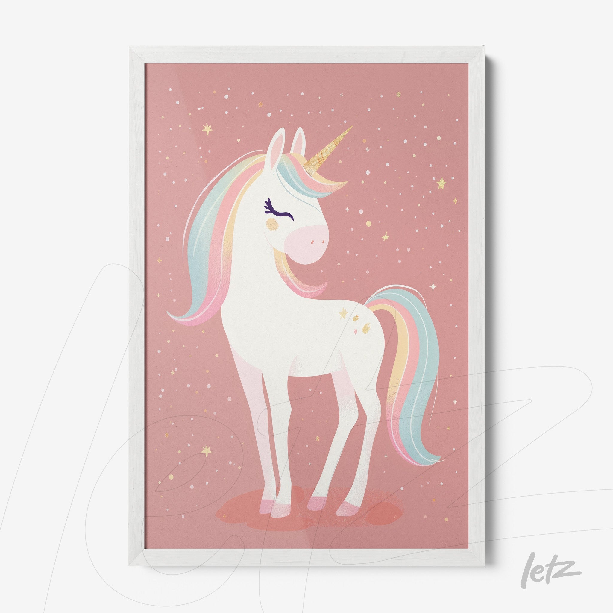 decorative wall art featuring a unicorn illustration on a pink starry background with a white frame