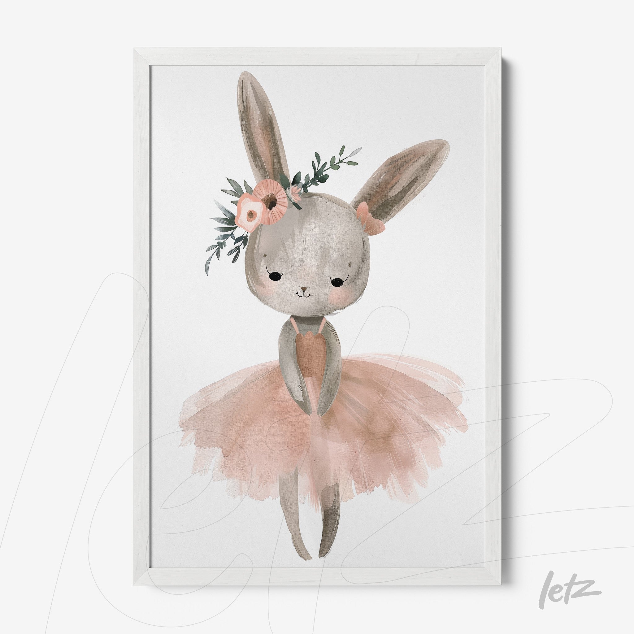 framed art of a bunny ballerina wearing a pink tutu and adorned with floral accents