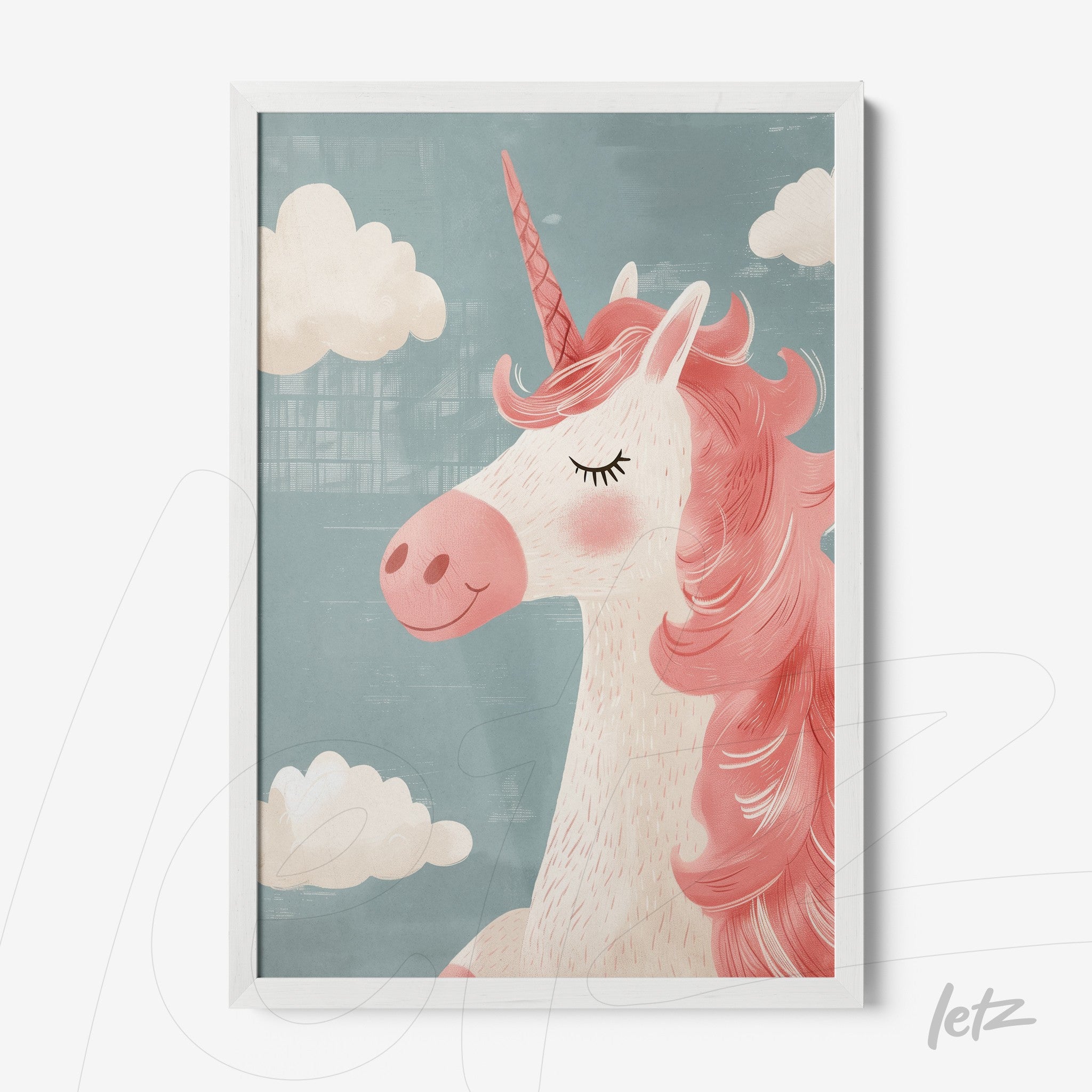 framed wall art featuring a pink unicorn against a light blue background with white clouds