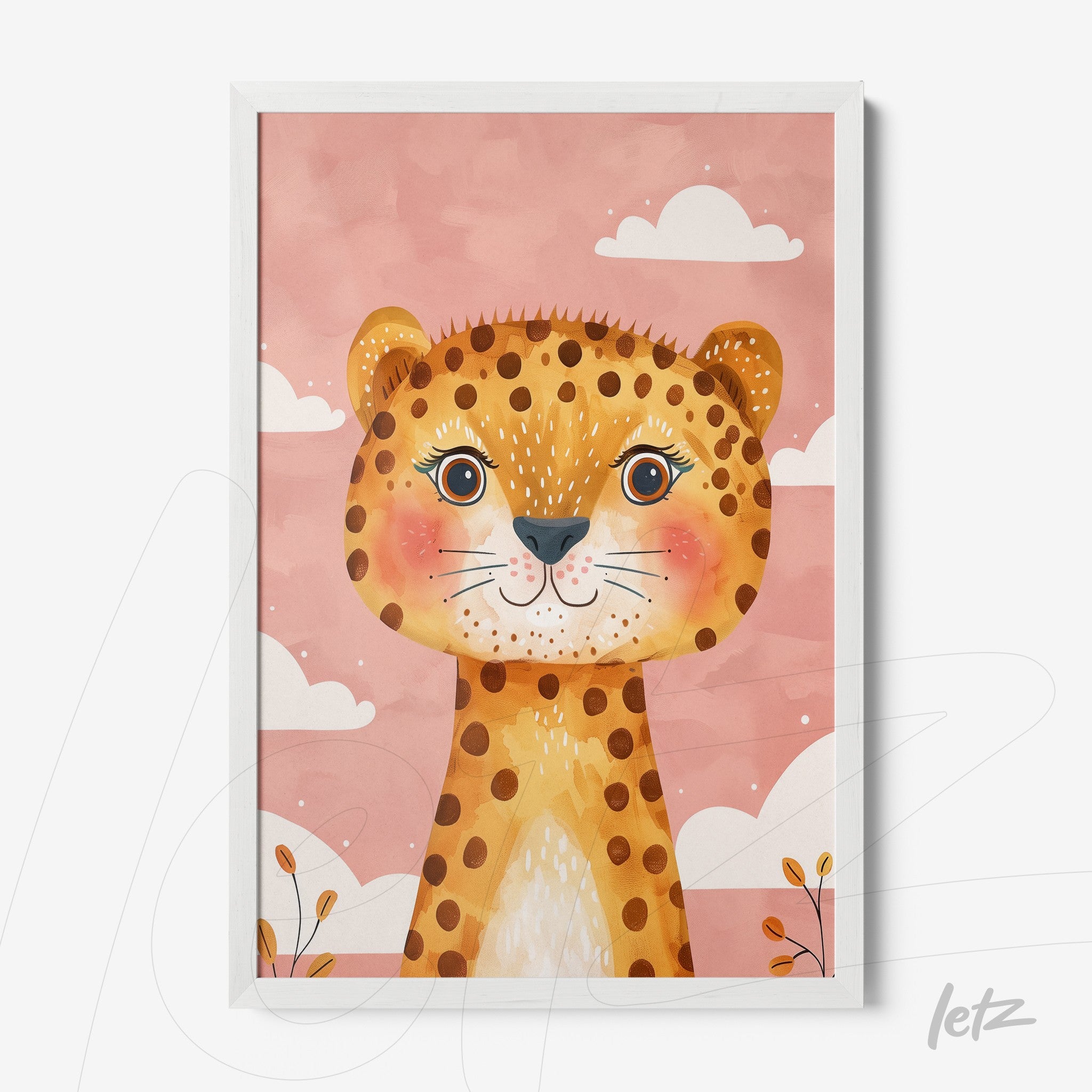 framed children's artwork of a smiling leopard on pink background with white frame