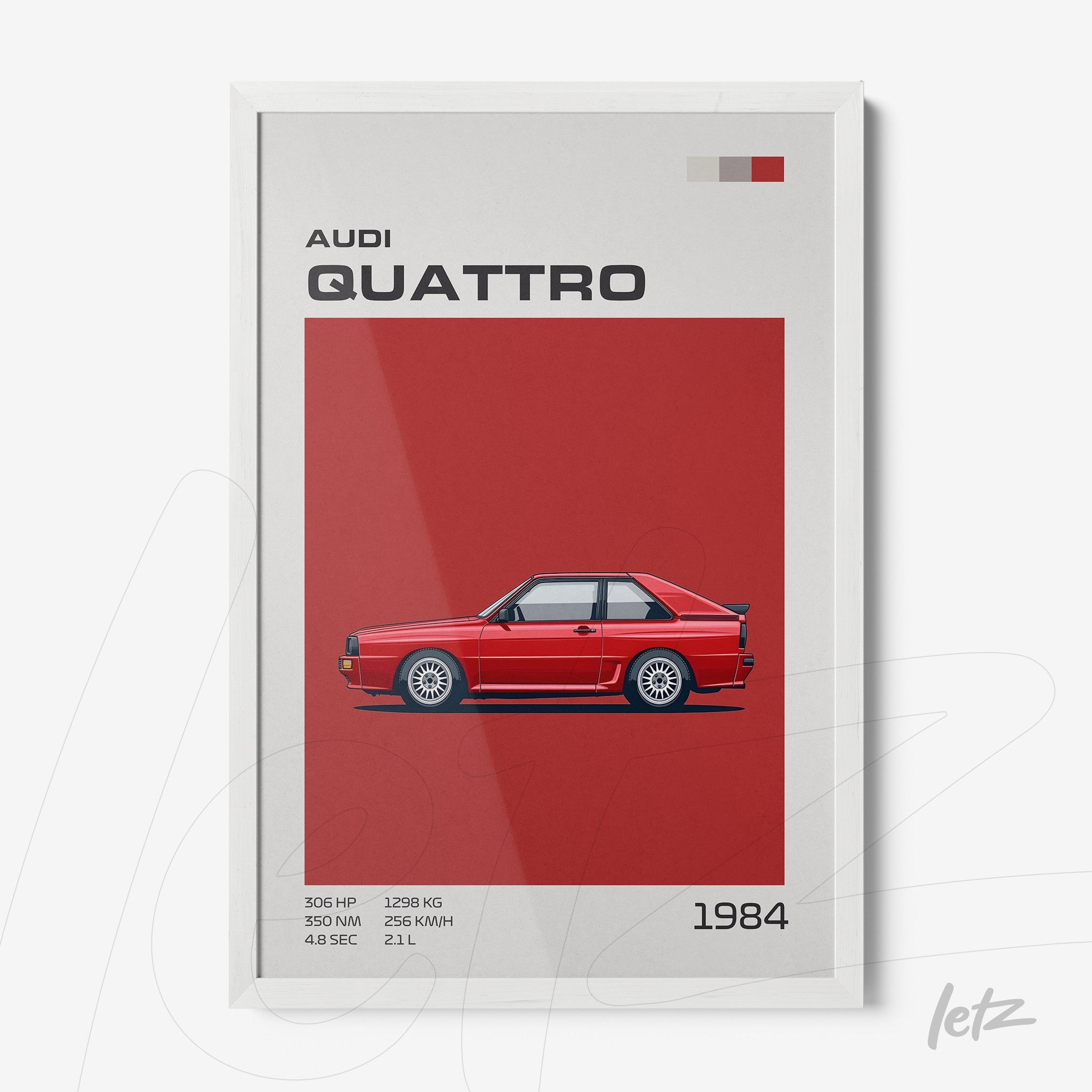 framed retro illustration of Audi Quattro in red background with white frame