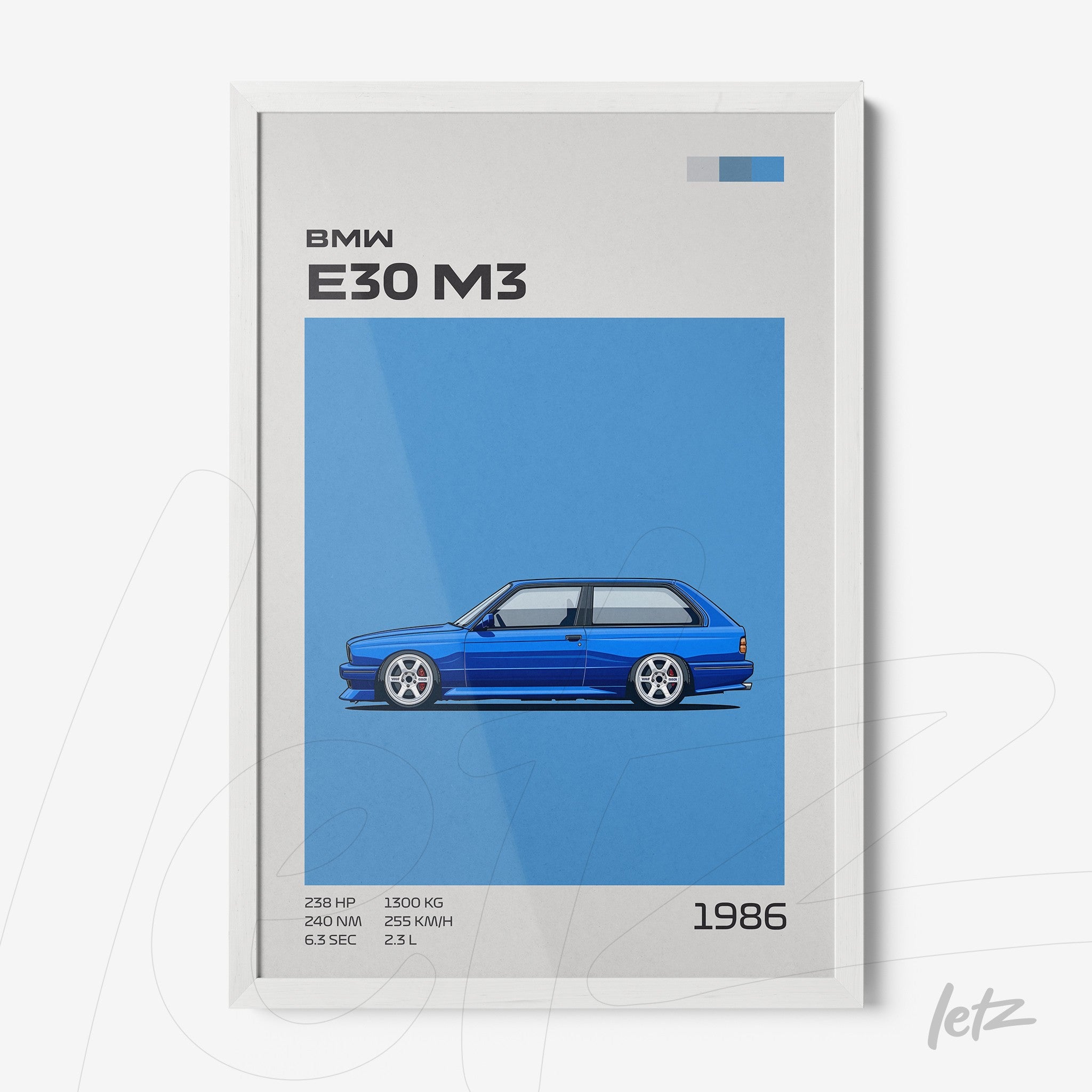 framed artwork featuring a blue illustration of BMW E30 M3 with technical details on a light blue background