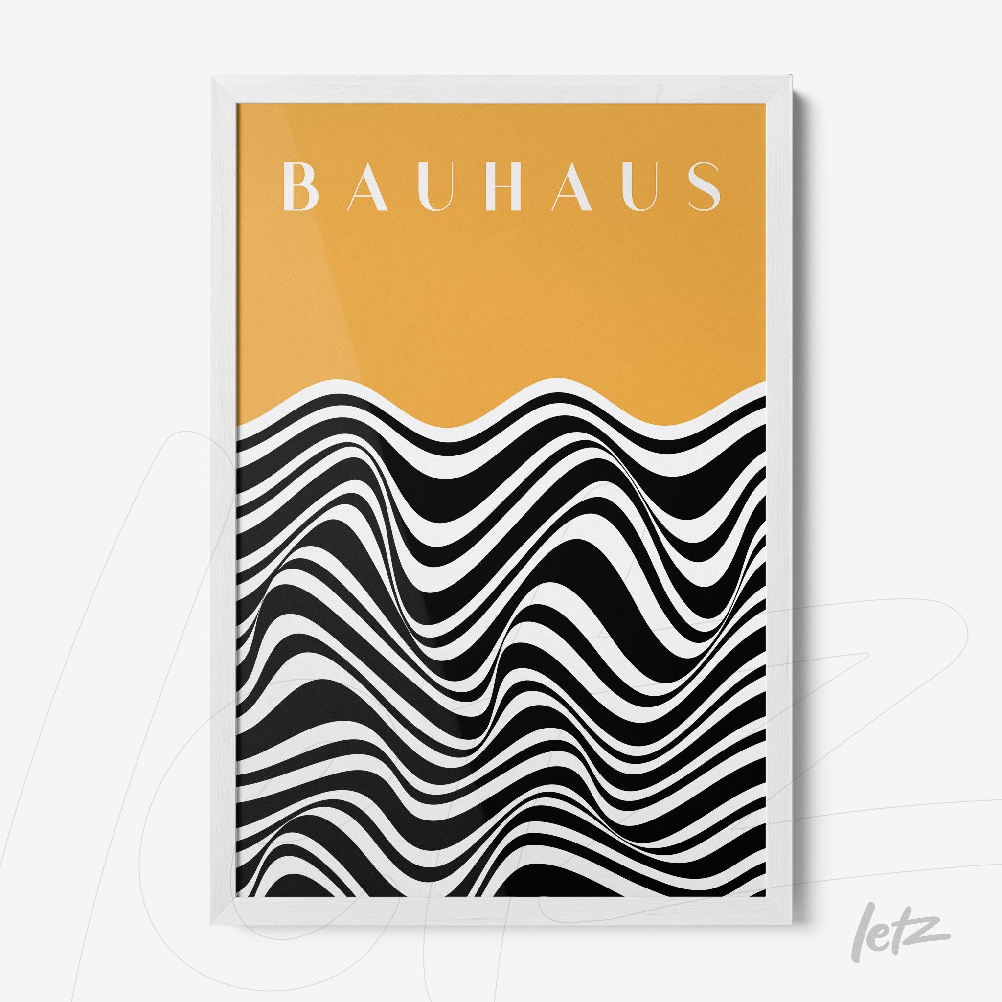 poster with abstract black and white wave design, yellow background and white frame