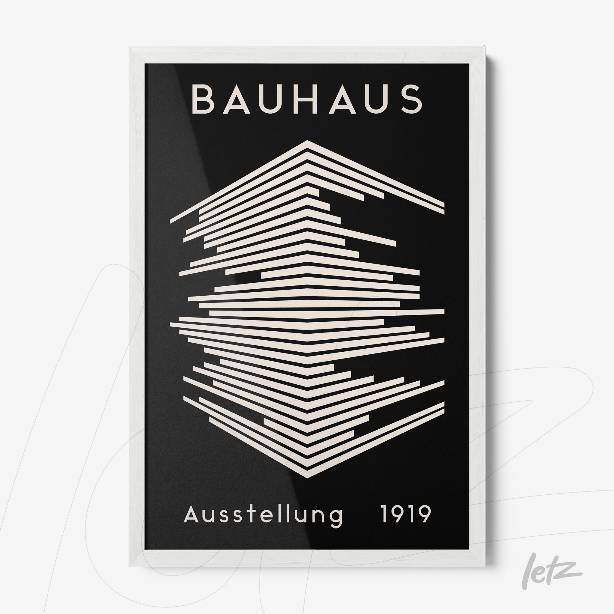 framed poster with geometric Bauhaus style illustration in white frame