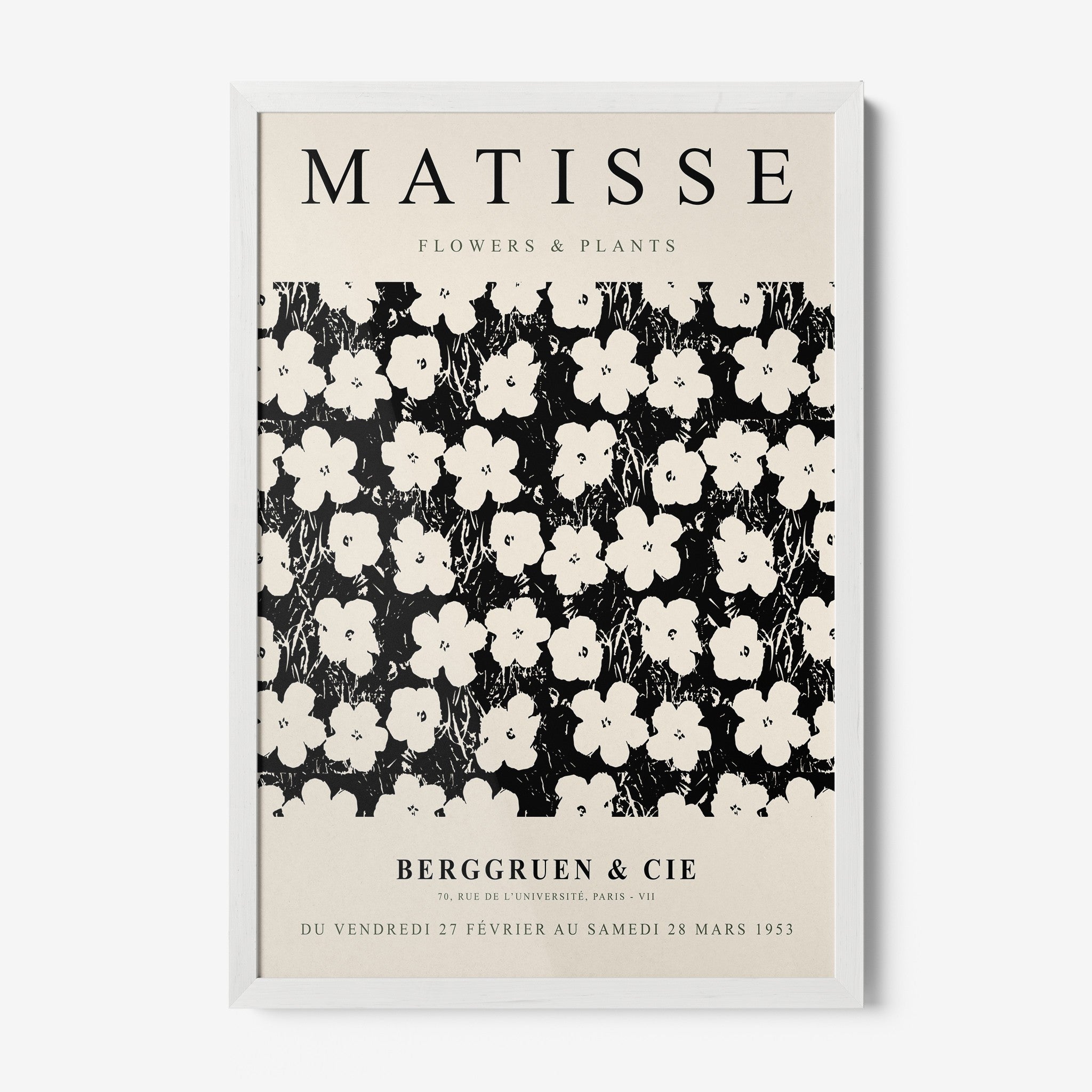 artwork inspired by Matisse featuring white flowers on a black background with a white frame