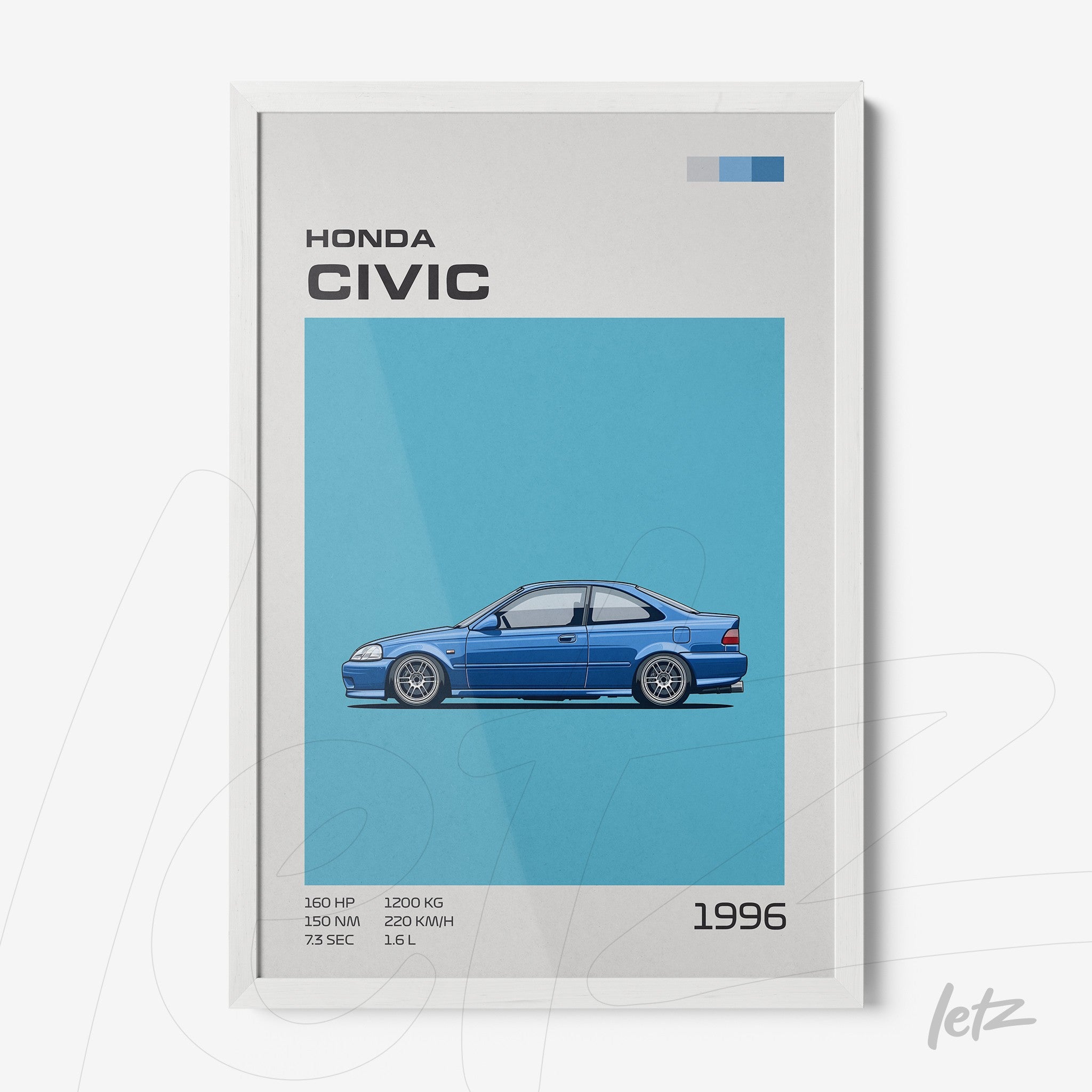 framed wall art featuring a 1996 Honda Civic illustration with a light blue background