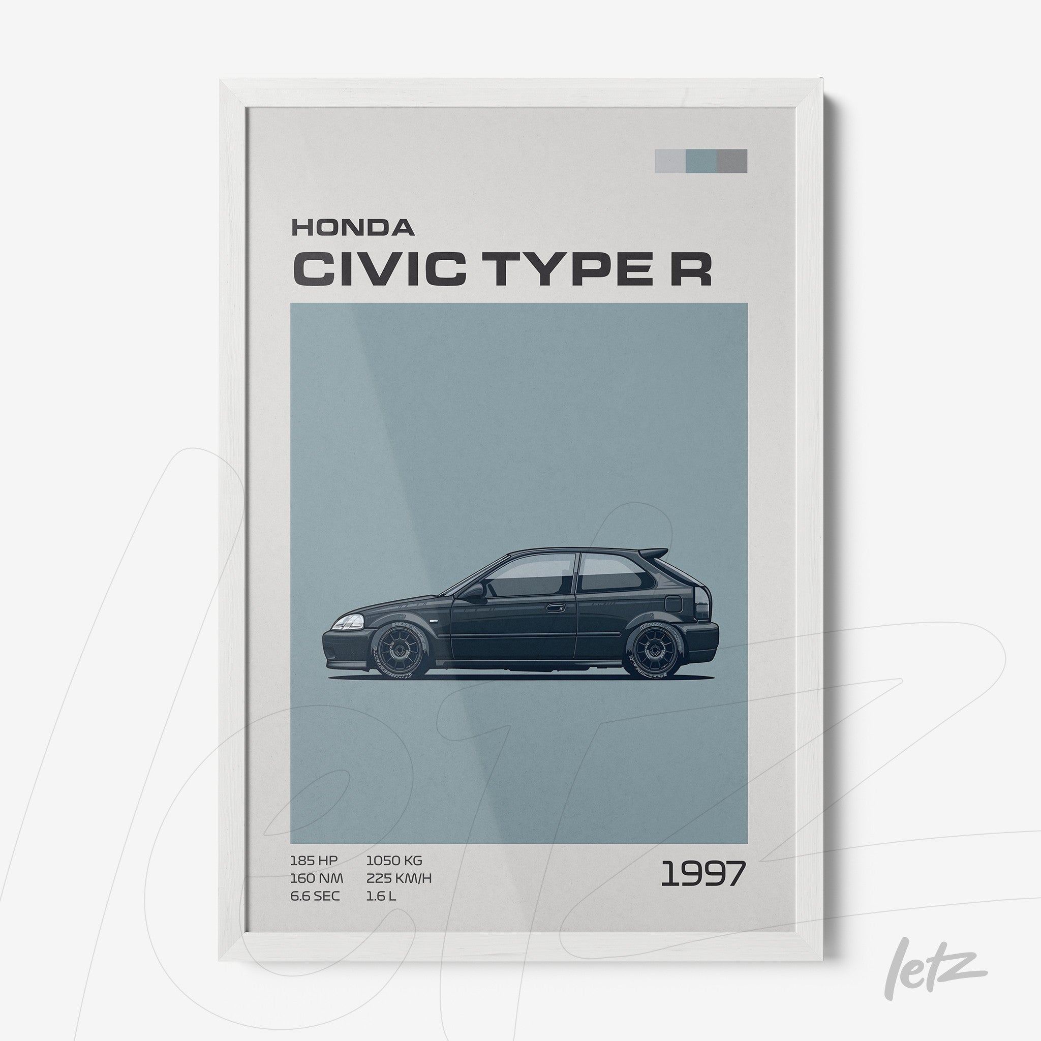 framed art featuring Honda Civic Type R from 1997 in white frame