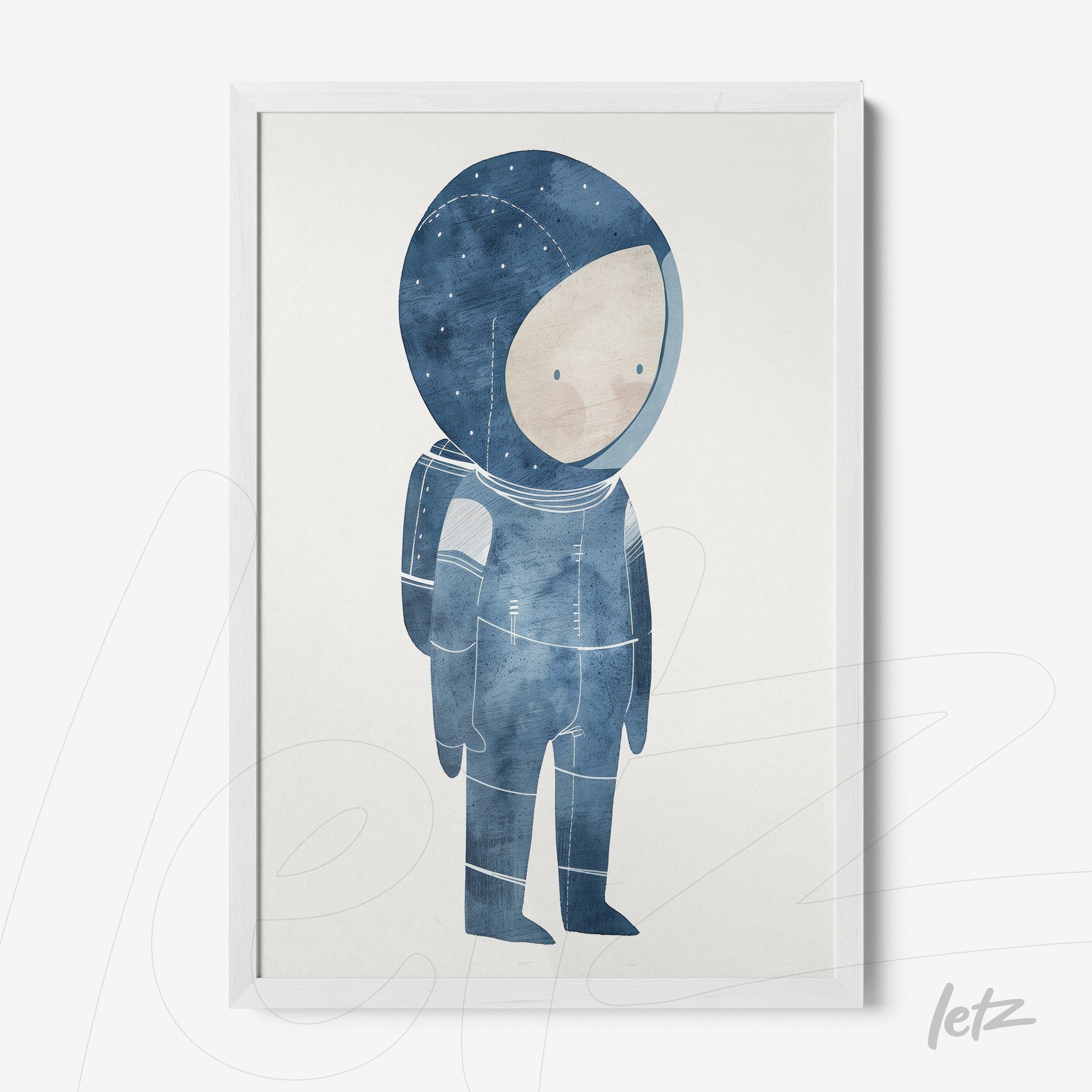 framed artwork featuring a childlike astronaut illustration in blue tones with a white frame