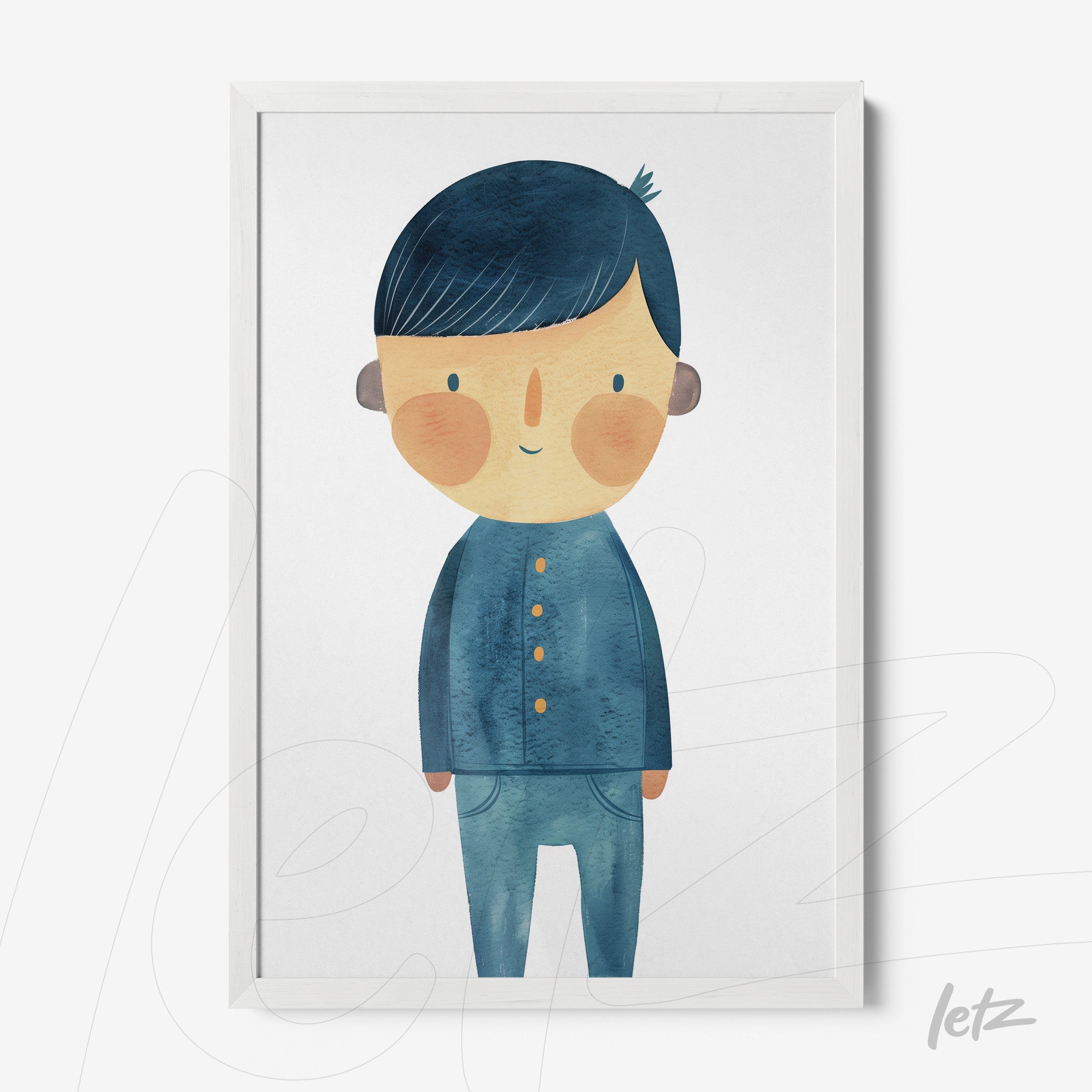 framed art featuring a smiling boy in blue outfit with white frame