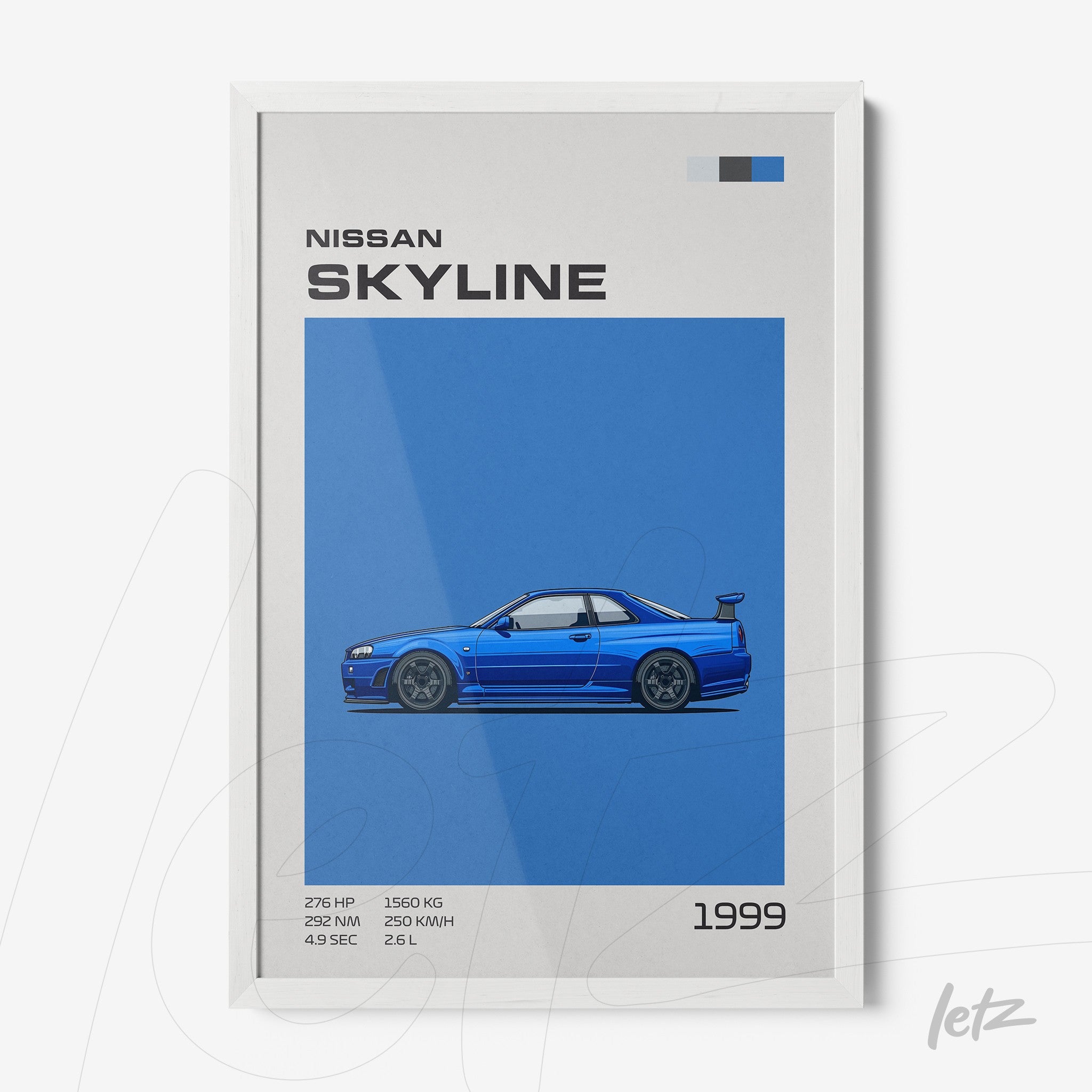 framed artwork depicting the 1999 Nissan Skyline against a vibrant blue background with a white frame