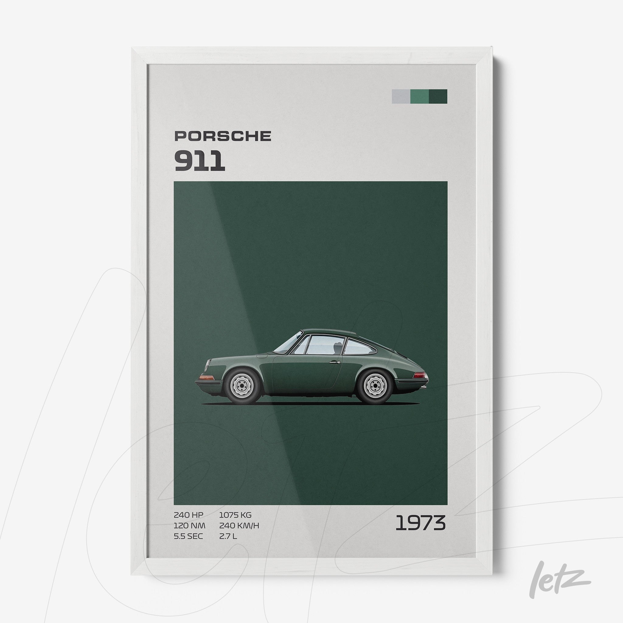 framed wall art featuring a minimalist design of Porsche 911 in dark green background with white frame
