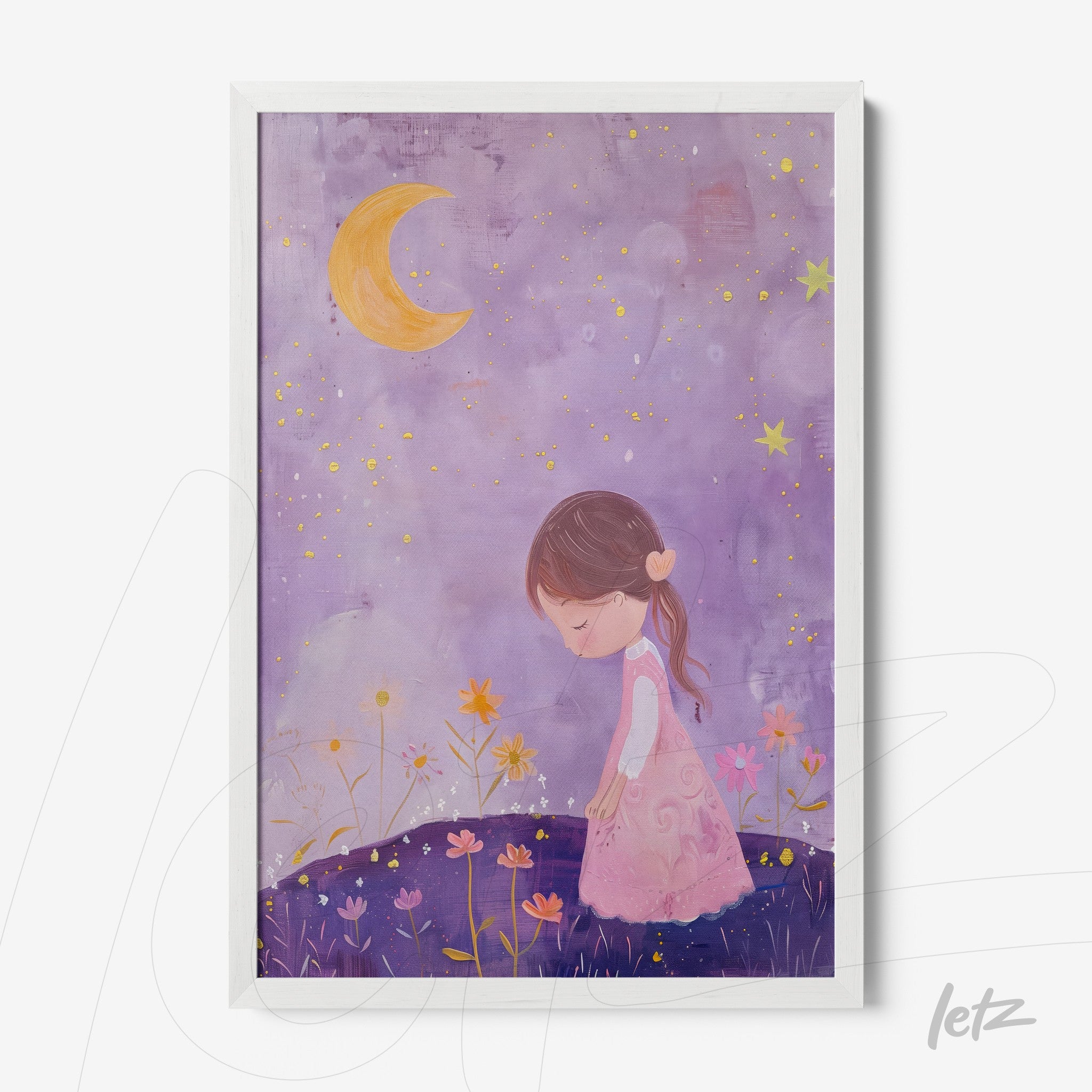 framed artwork featuring a child in a pink dress walking among flowers under a starry lavender sky with a crescent moon