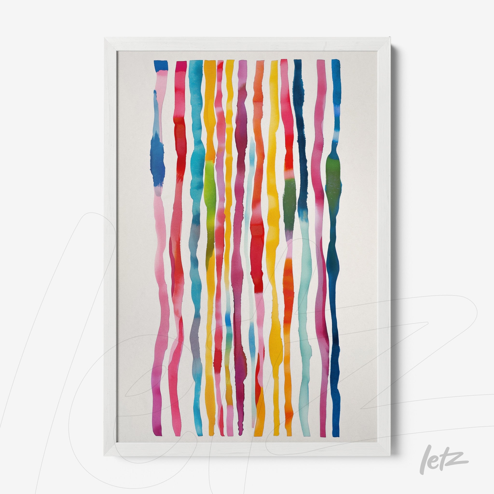 framed artwork featuring abstract colorful lines in a white frame