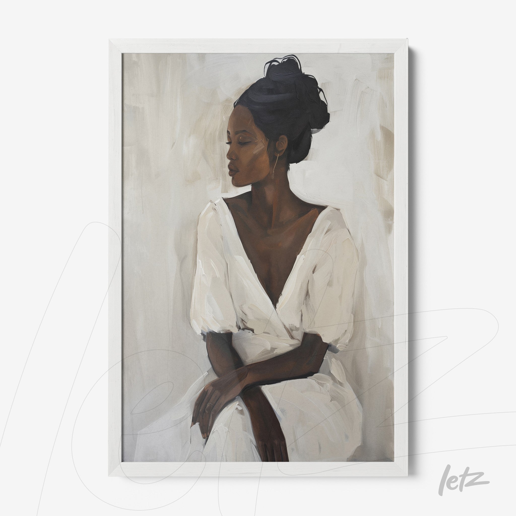 framed portrait of a black woman in a white dress, with a white frame and neutral background