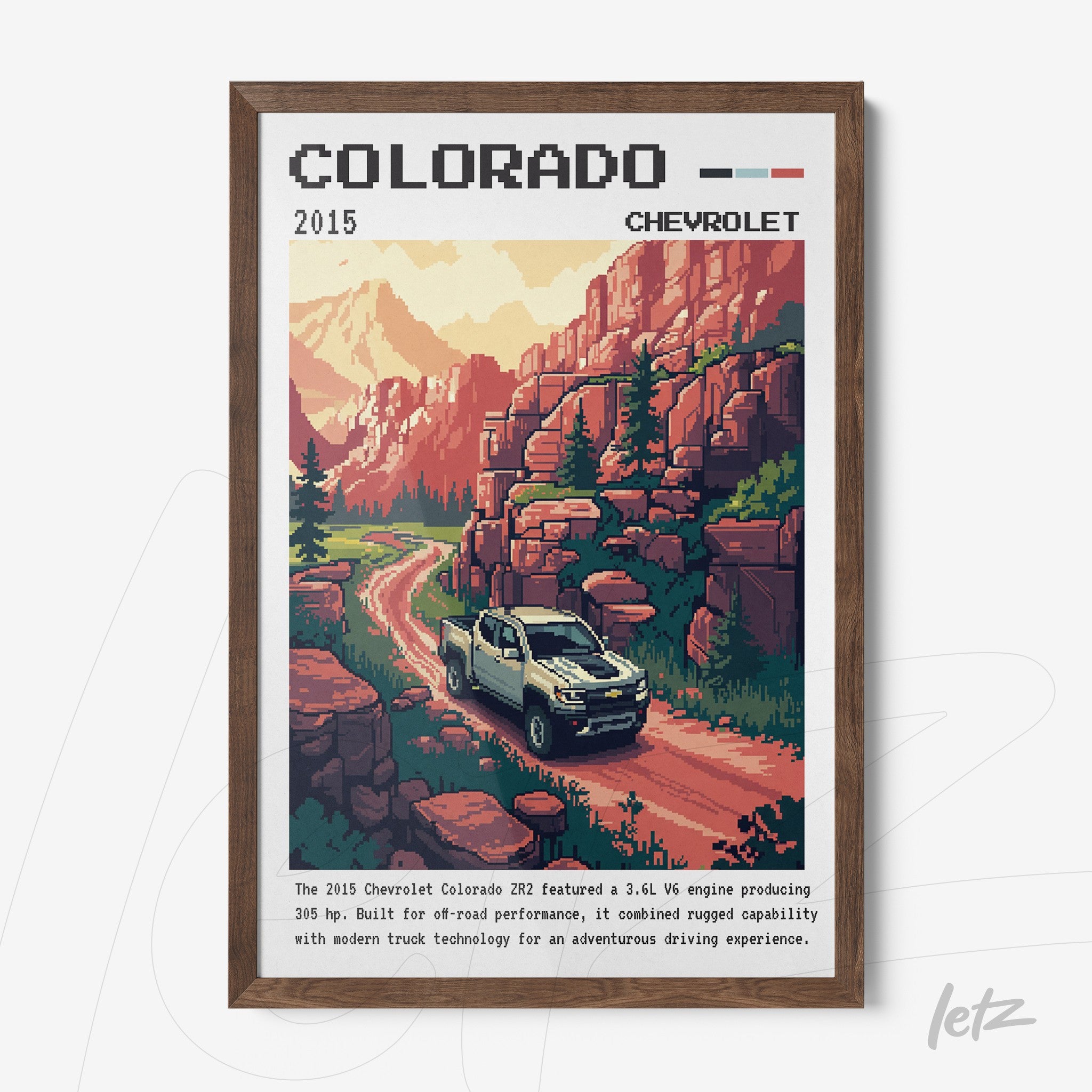 pixel art framed wall art of a 2015 Chevrolet Colorado truck on a mountain road with red cliffs in the background