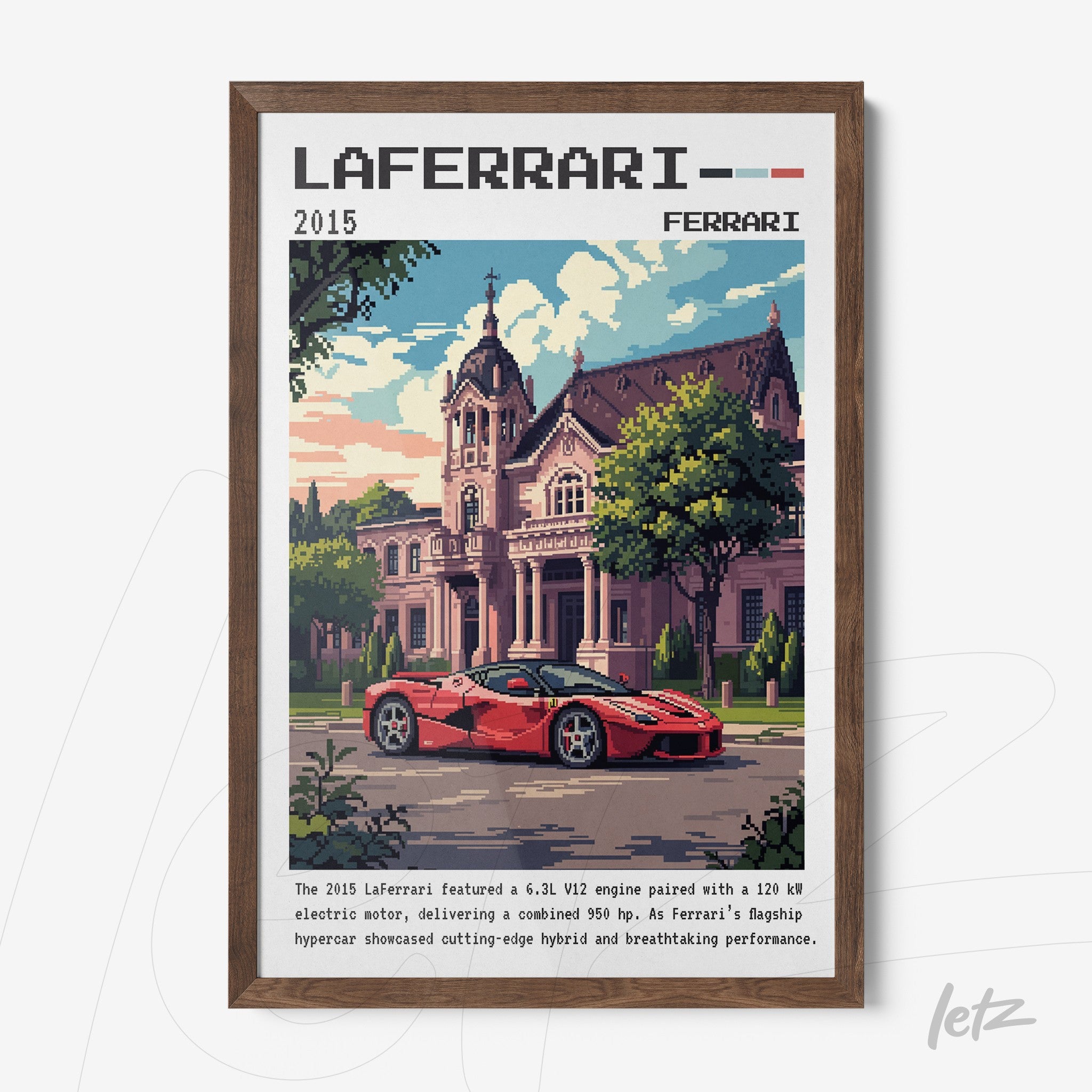 pixel art of a red laferrari sports car in front of a classic mansion framed in dark brown