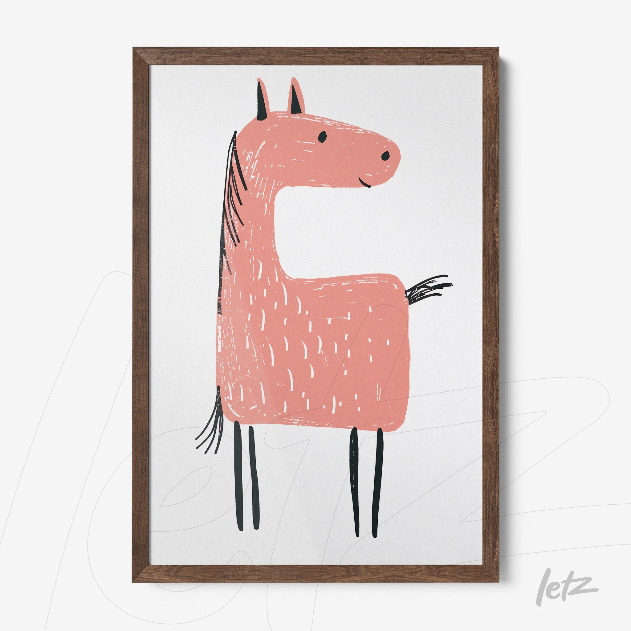 framed playful illustration of a pink horse with dark wood frame