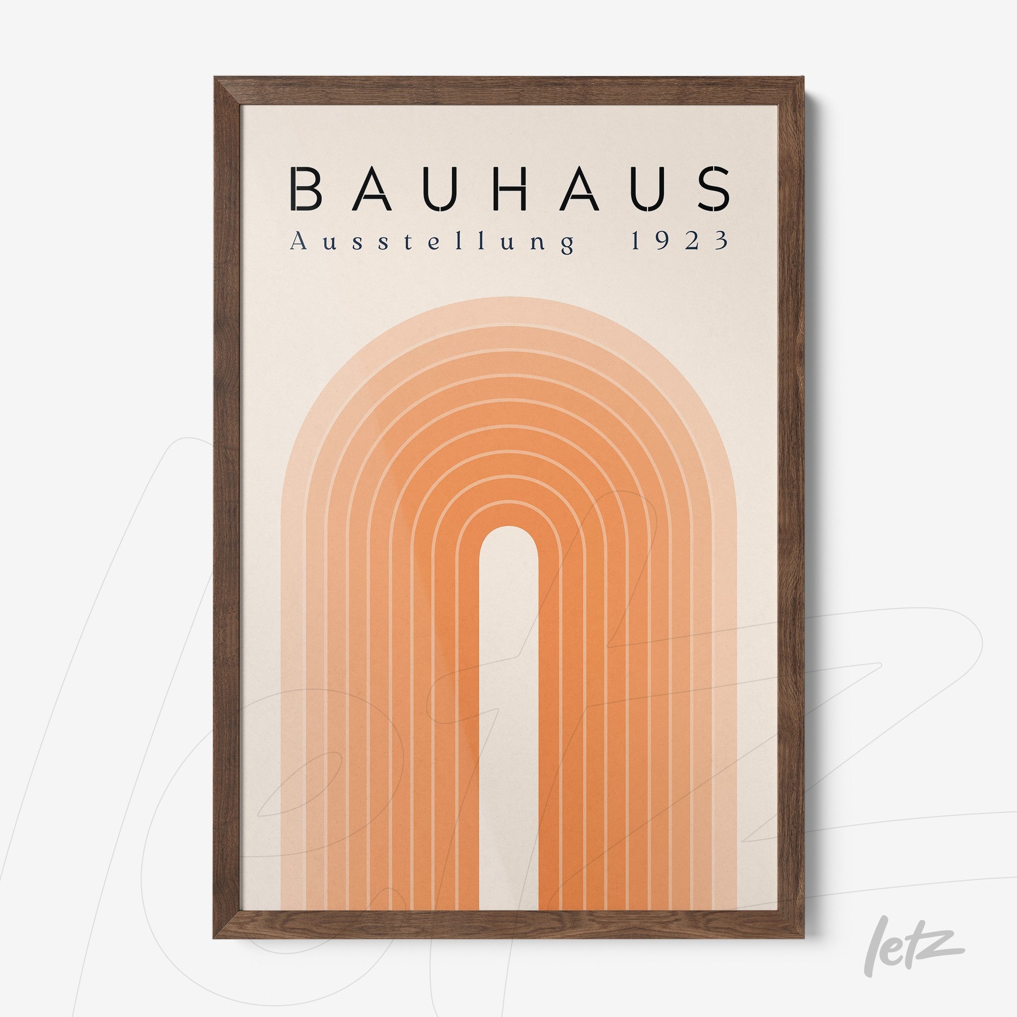poster featuring geometric orange design with dark wood frame, text bauhaus ausstellung 1923