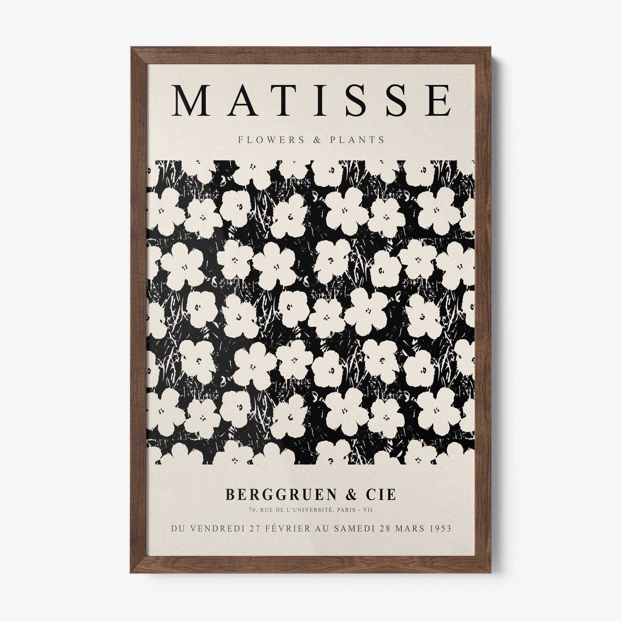 decorative wall art featuring black and white floral design with stylized flowers on dark background and dark wooden frame