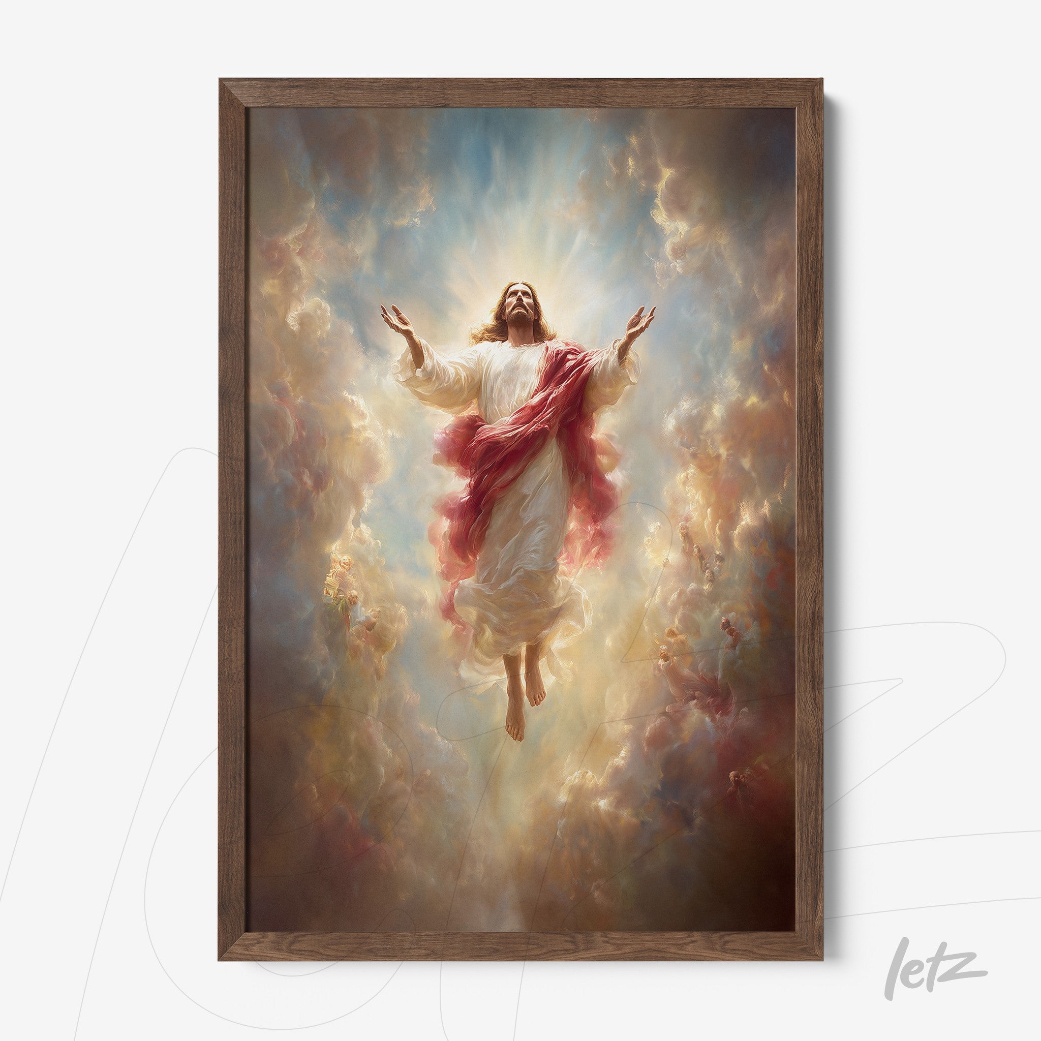 framed religious artwork of resurrected Jesus in white robes and red sash with dark wooden frame