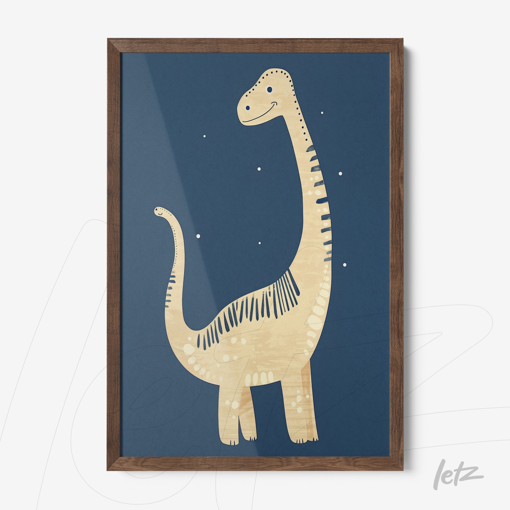 children's art print featuring dinosaurs on a navy blue background with a dark wood frame