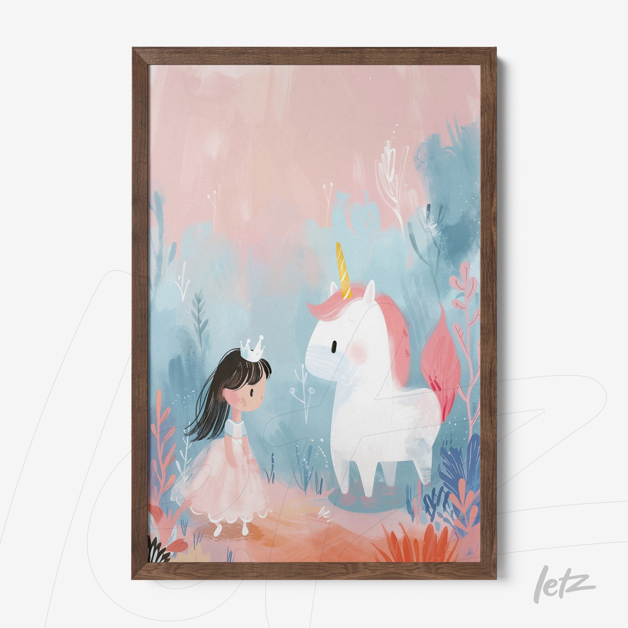 framed children’s art of a girl with a crown talking to a unicorn against a soft pastel background