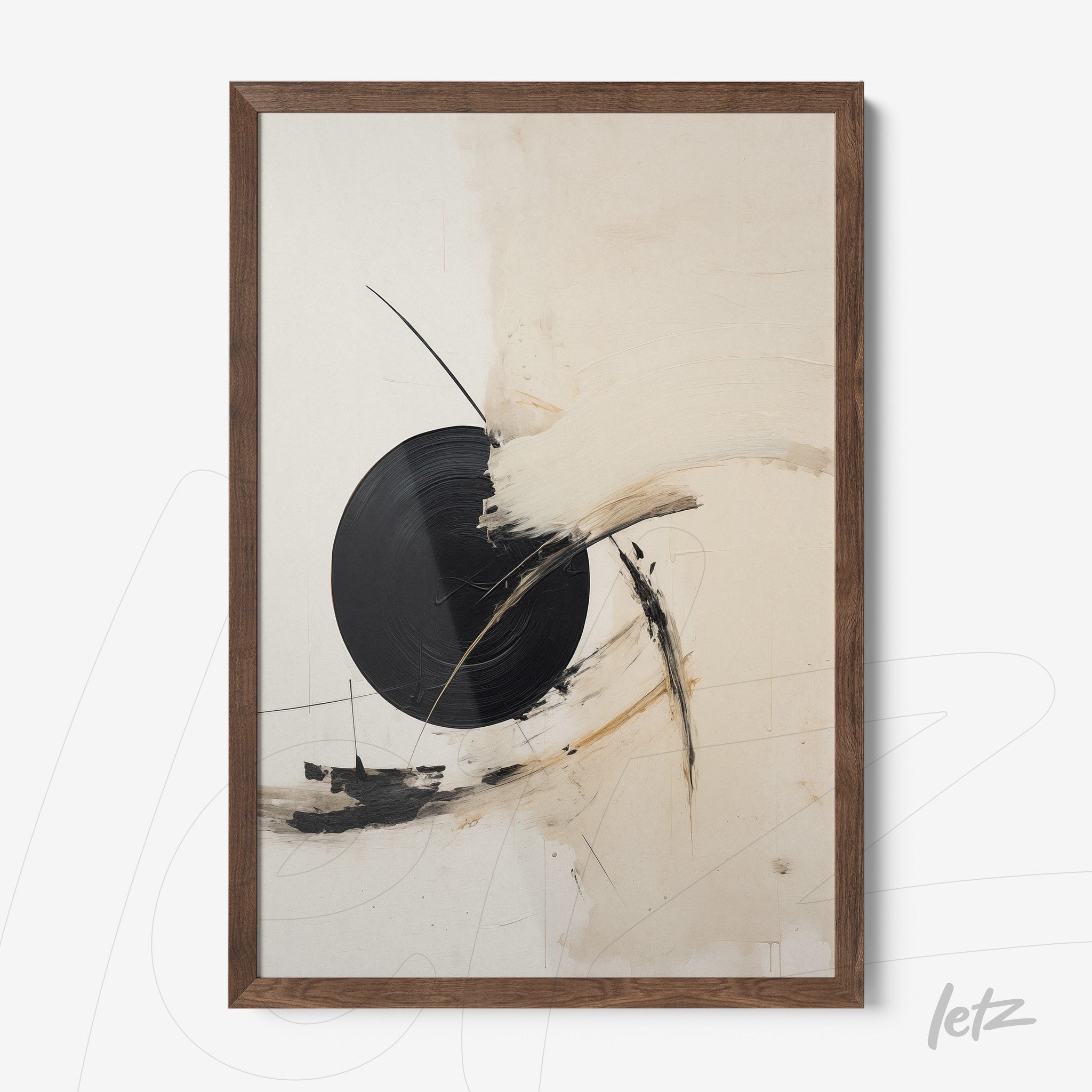 abstract wall art in neutral tones with black accents, framed in light wood