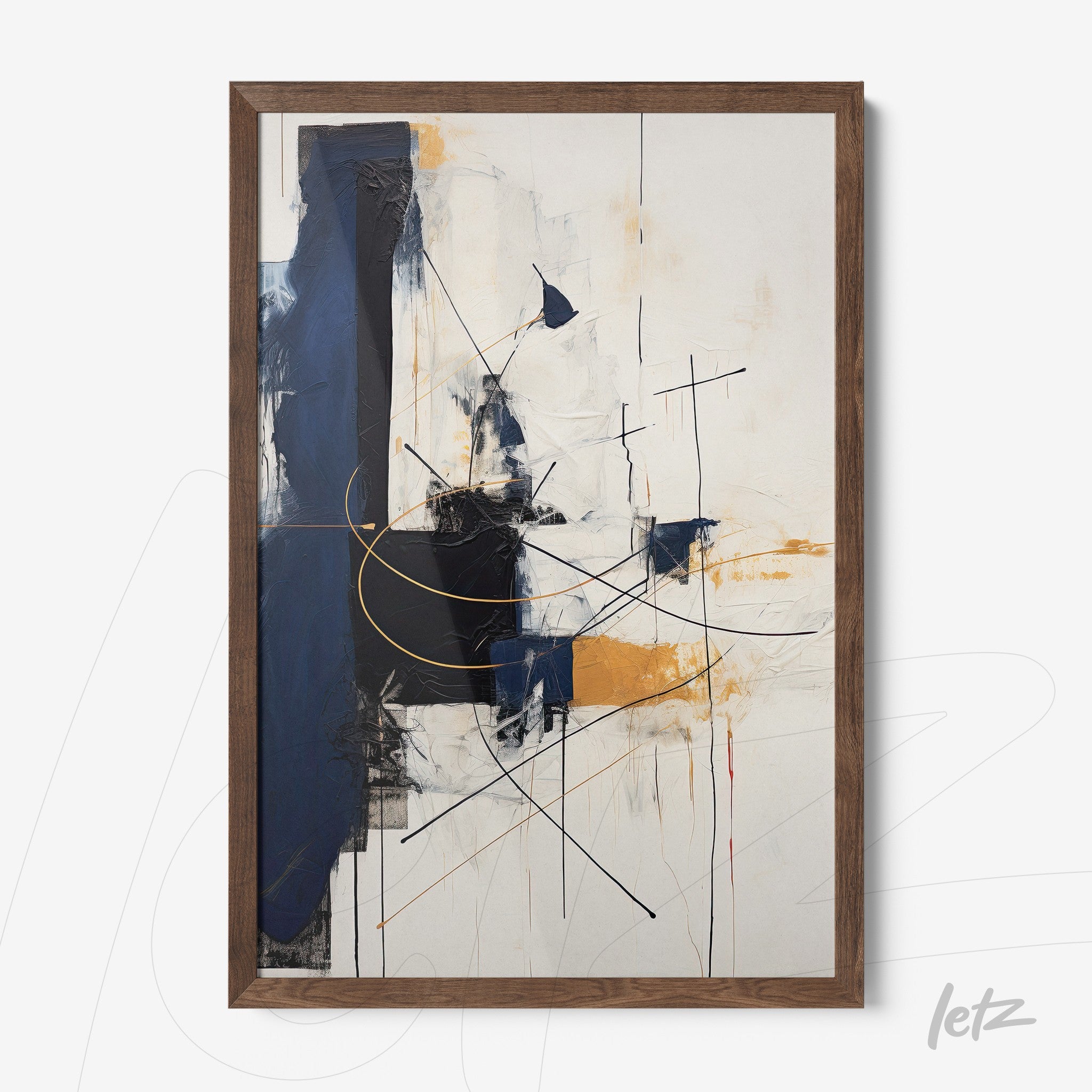 abstract wall art featuring shades of blue and yellow with a dark wood frame