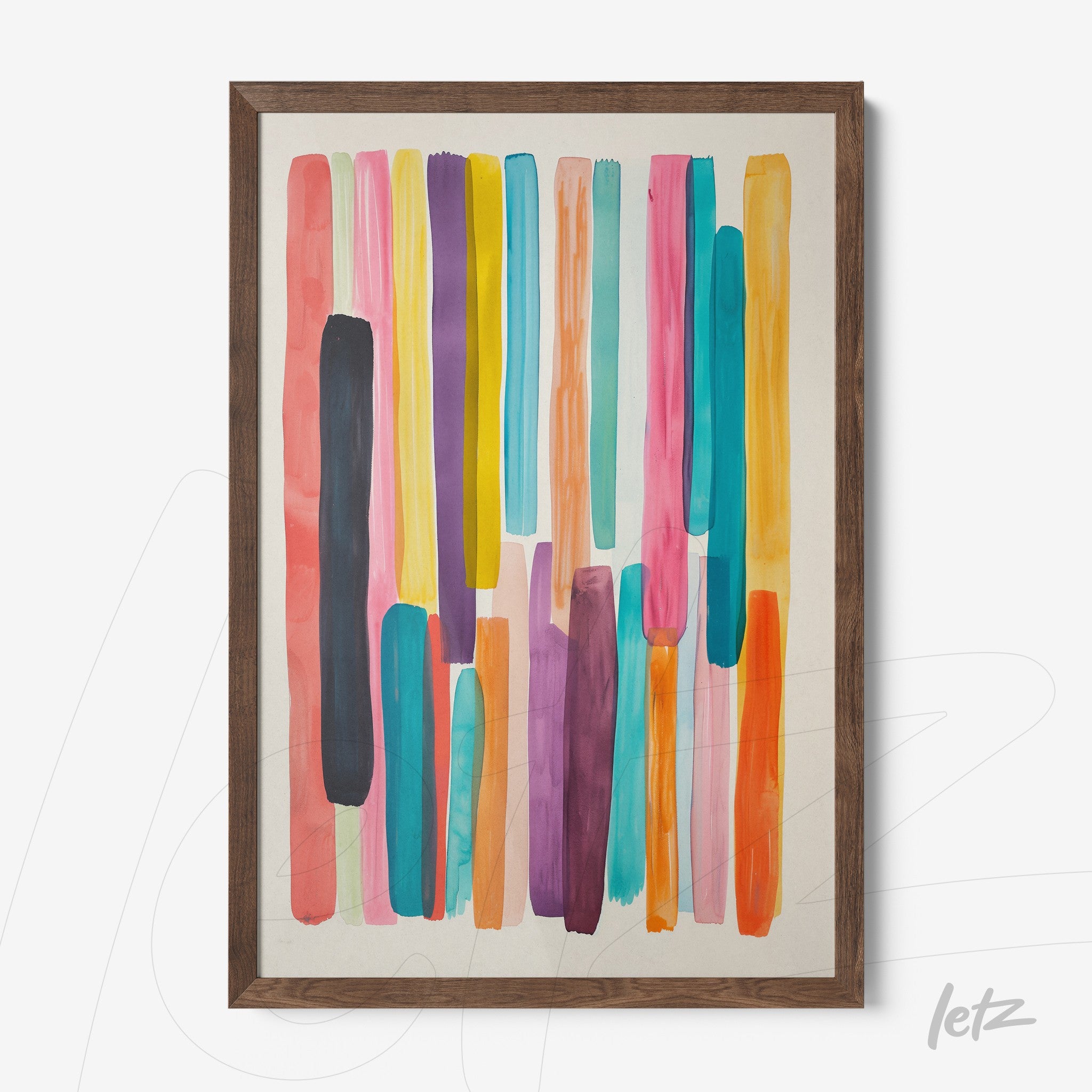 decorative frame with abstract art in vibrant shades of pink, blue, and yellow, set in a dark wooden frame