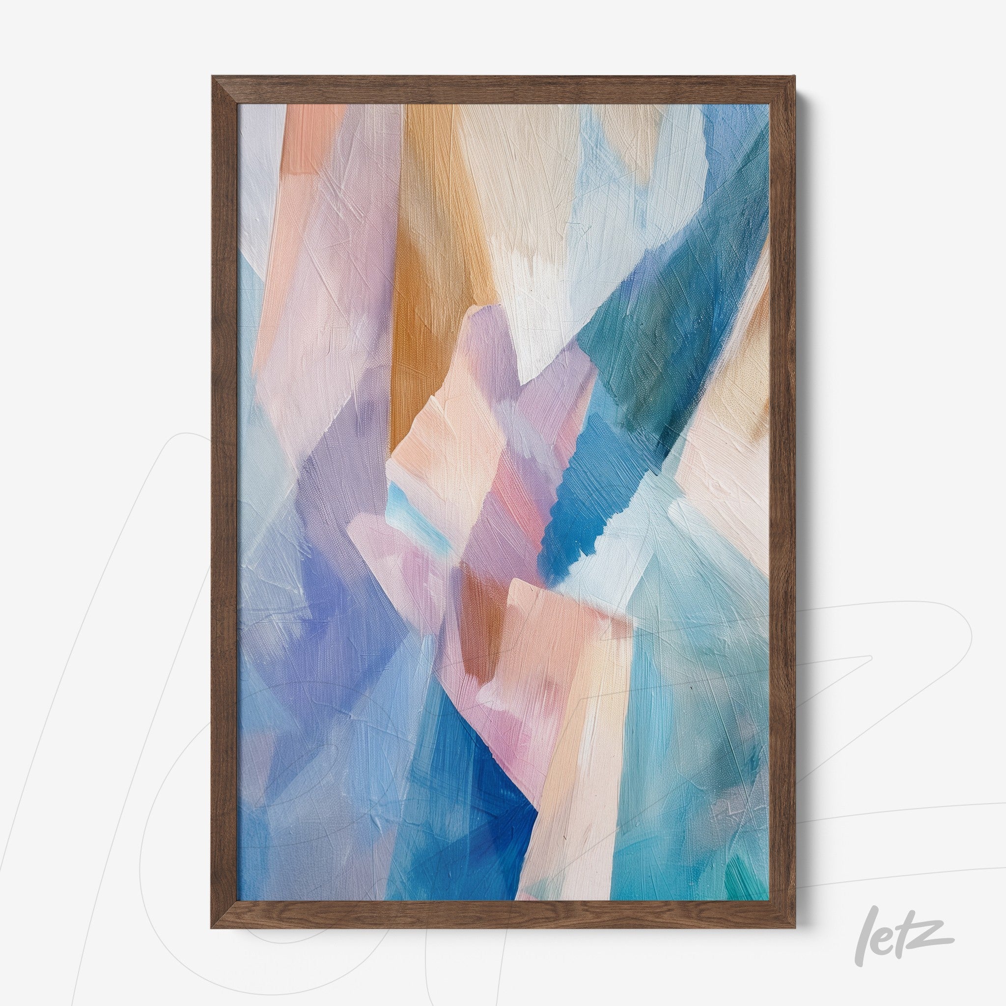 framed wall art with abstract painting in pastel colors featuring dark wood frame