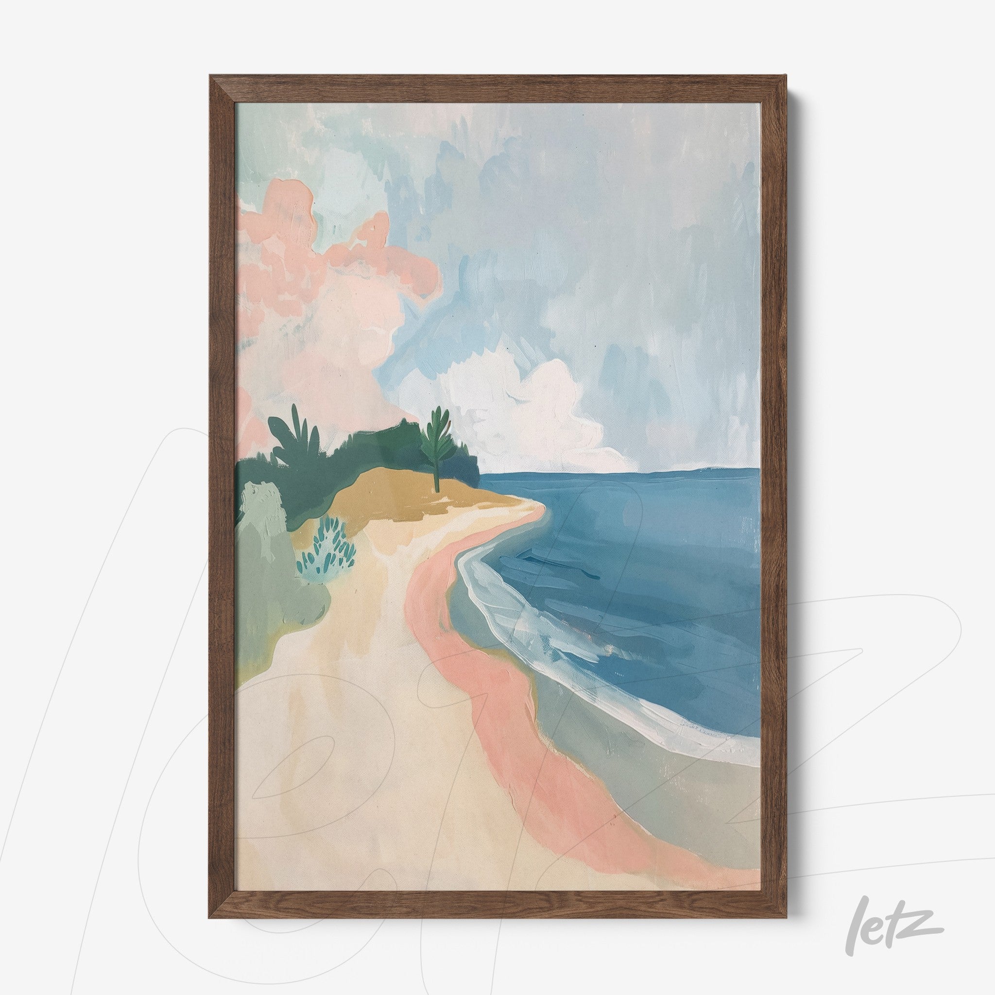 framed abstract art piece of a beach with blue sky and clouds in dark wood frame