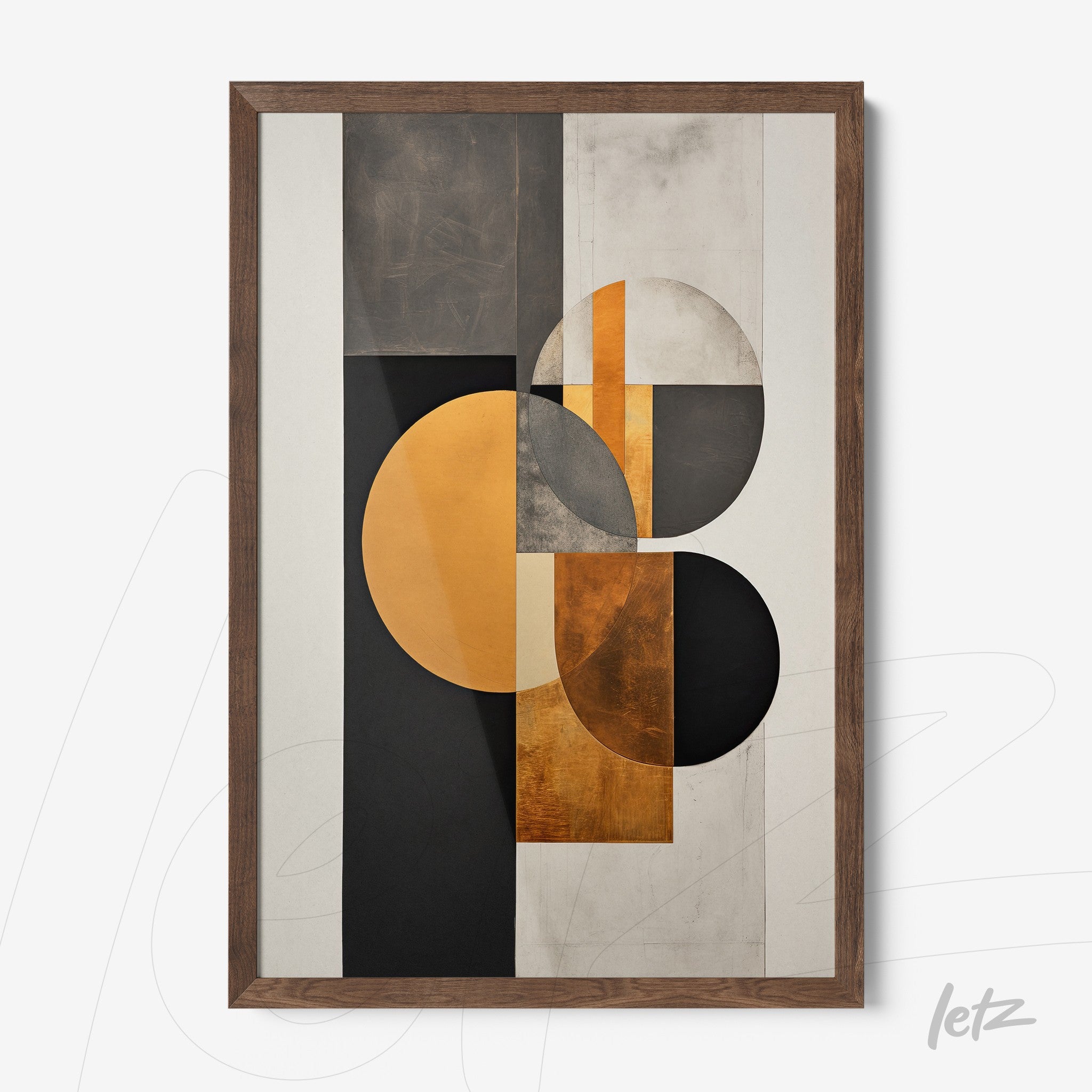 abstract wall art featuring geometric shapes in black, gold, and gray within a wooden frame