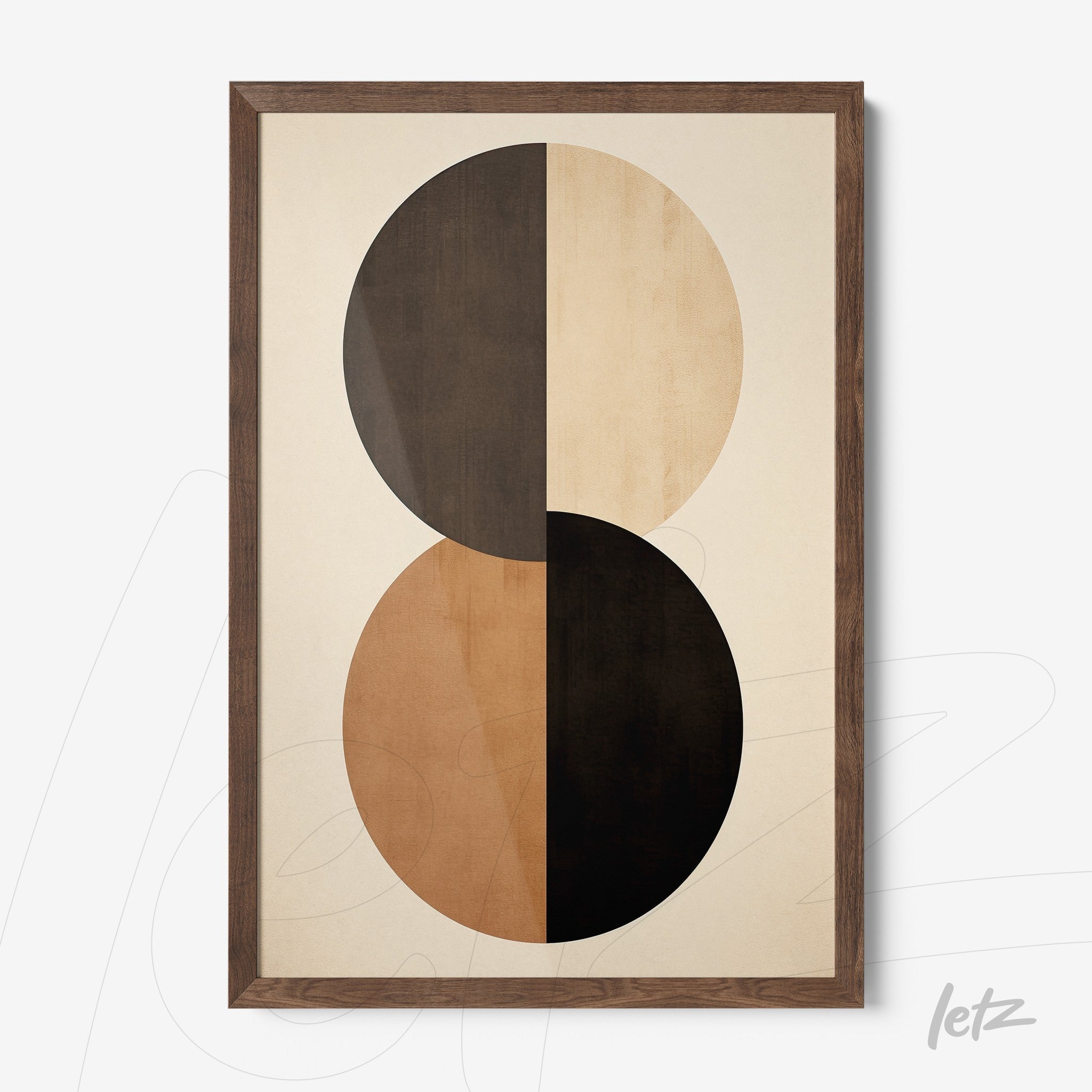 framed abstract art in earthy tones featuring circles on light background with dark wood frame