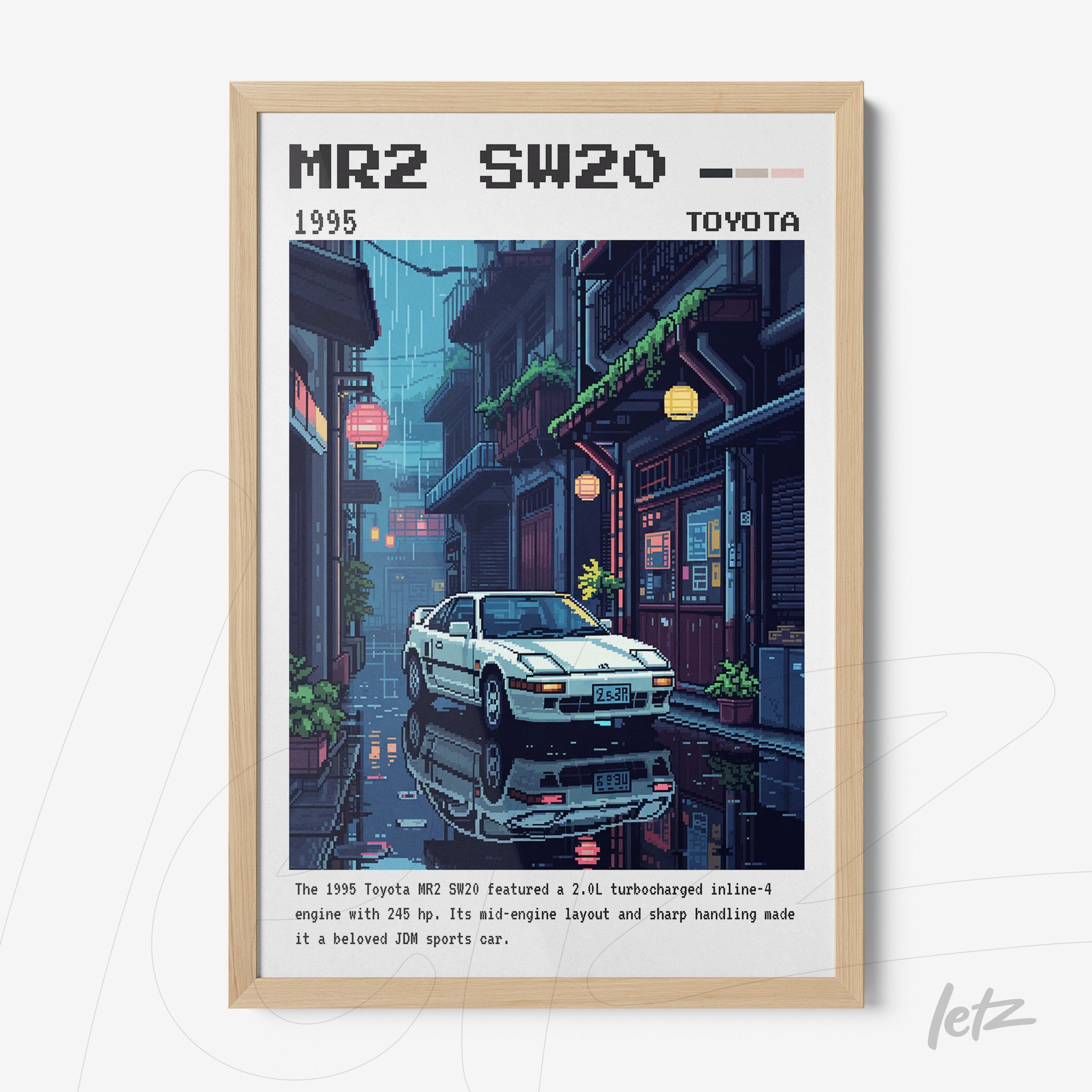 pixel art framed depiction of a Toyota MR2 sports car in a neon-lit street scene