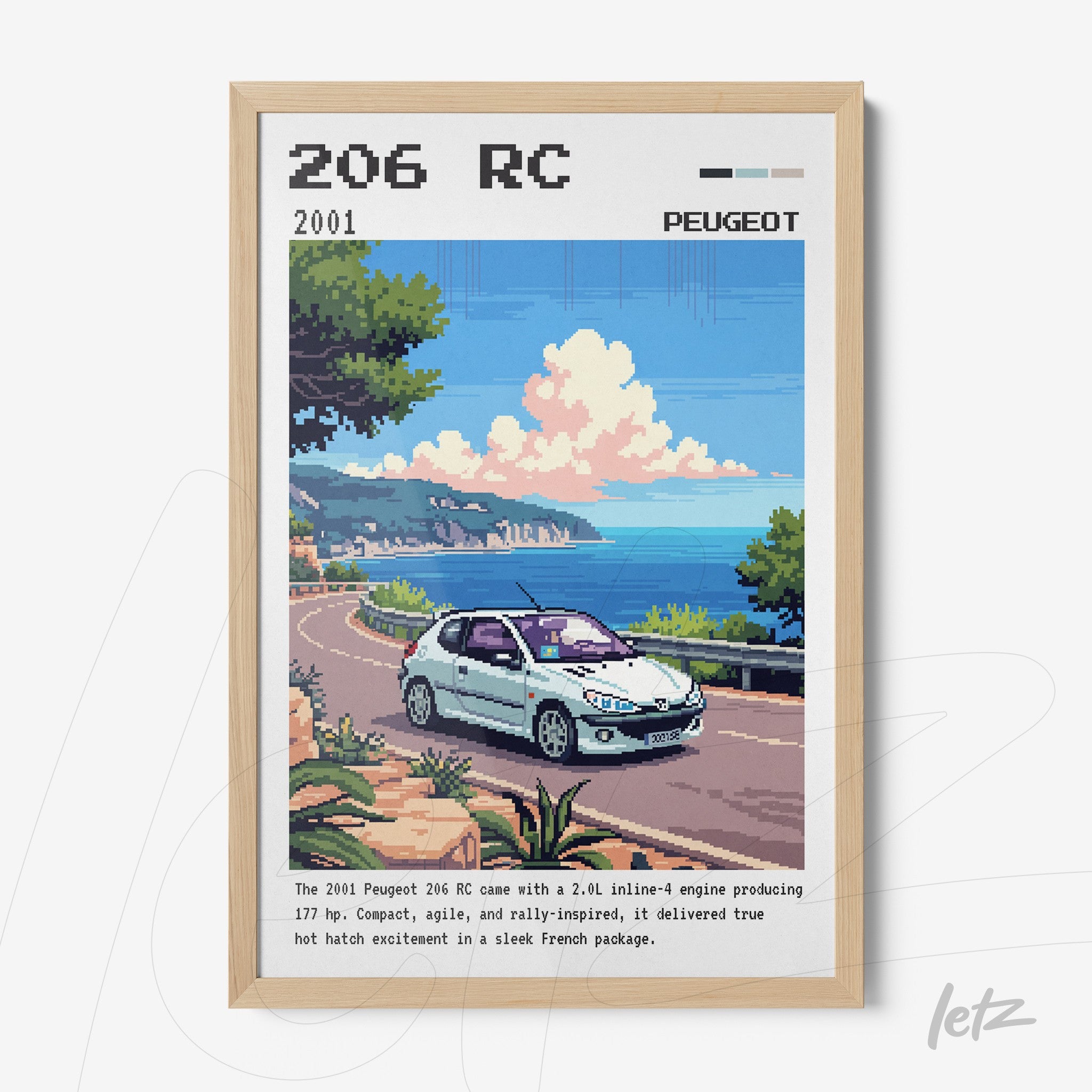 framed digital art of Peugeot 206 RC set against a coastal landscape