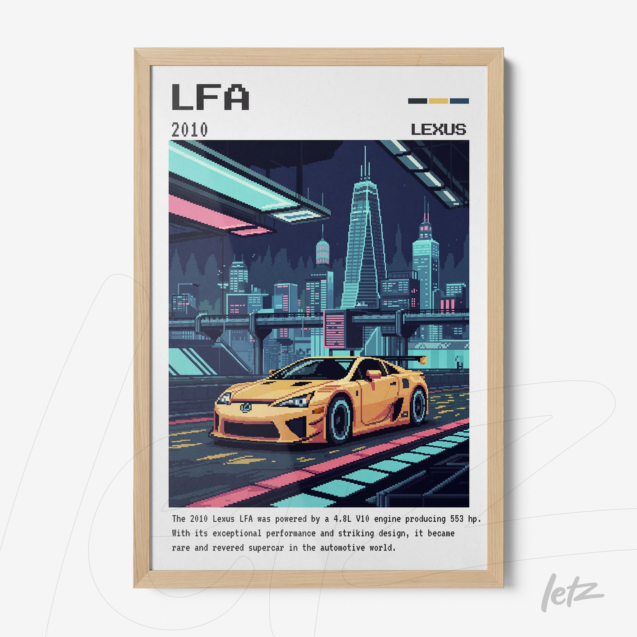 framed artwork featuring a yellow LFA 2010 sports car in a vibrant nighttime cityscape with a light wood frame