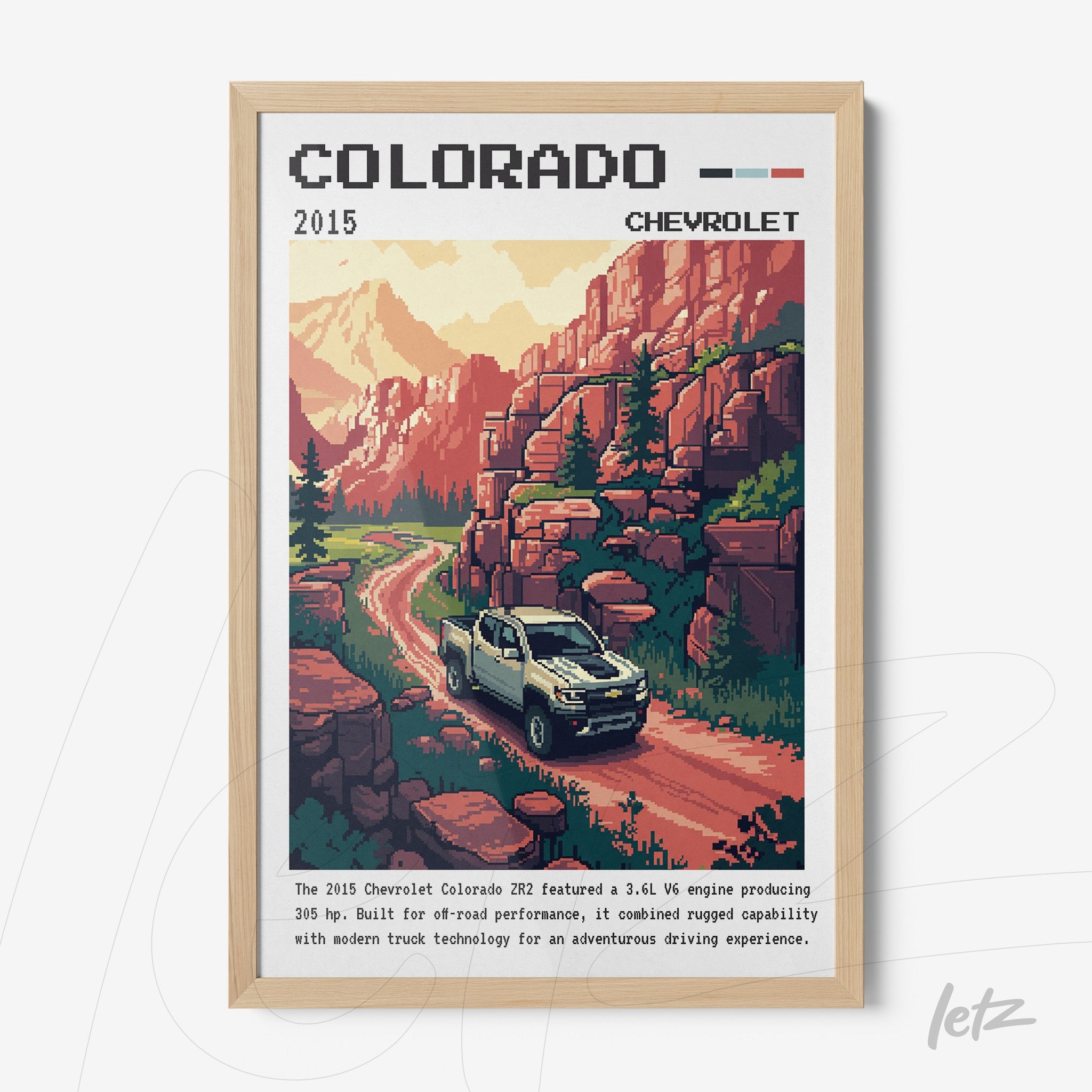 framed vector art of the 2015 Chevrolet Colorado modeled against a mountainous landscape with a dirt road and a light wood frame