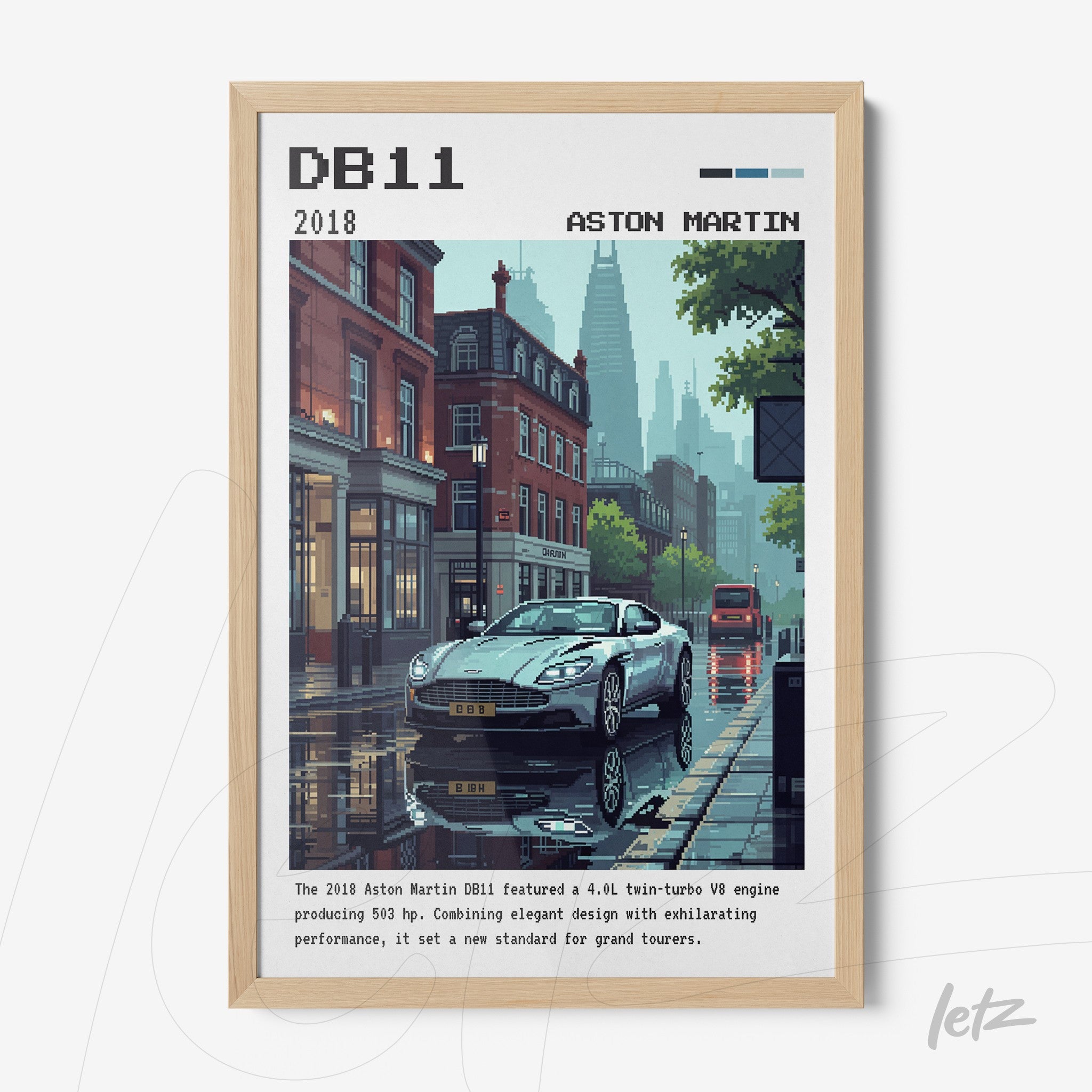 framed artwork of the Aston Martin DB11 with a rainy cityscape background featuring detailed pixel art
