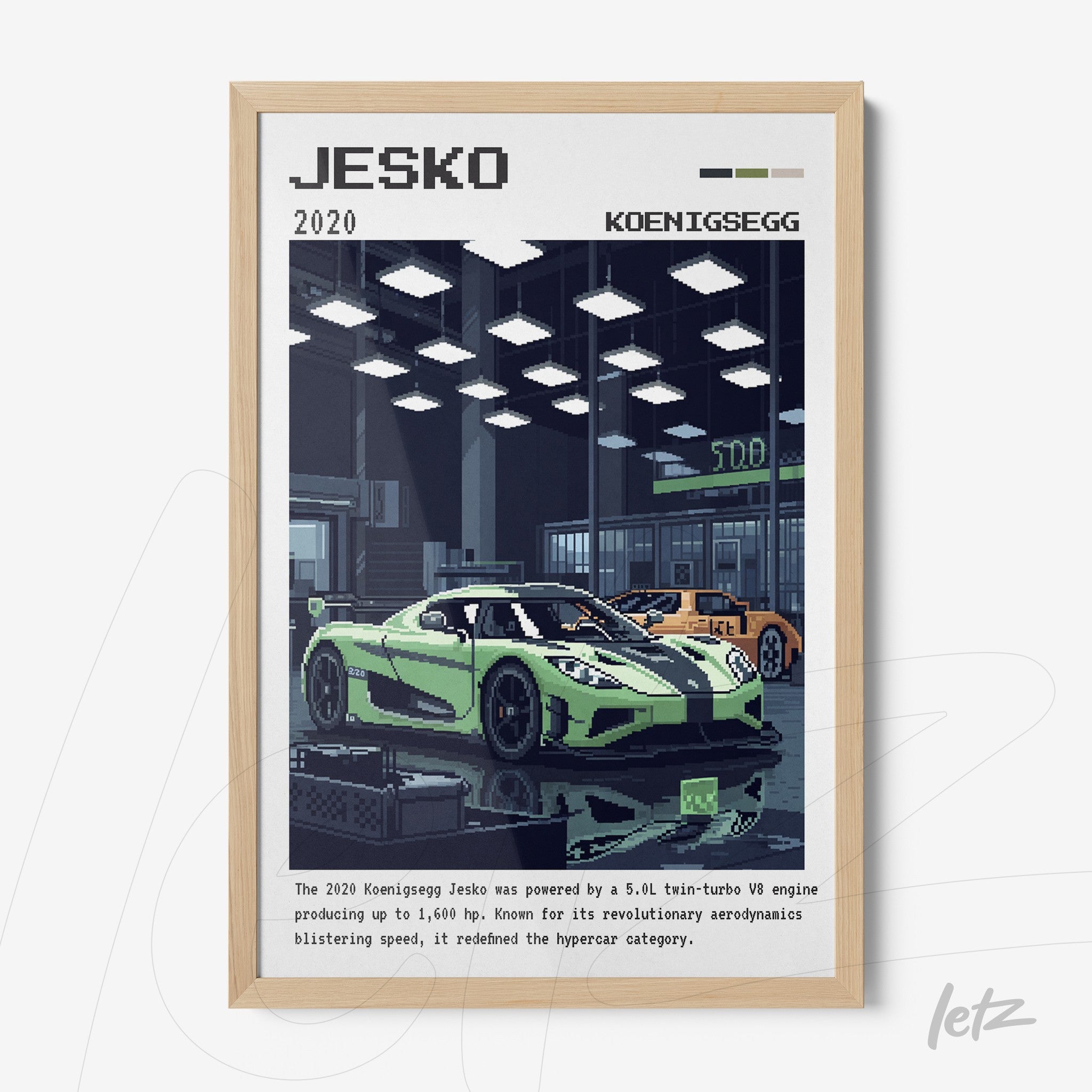 framed pixel art of a Jesko car in a well-lit garage with light wood frame
