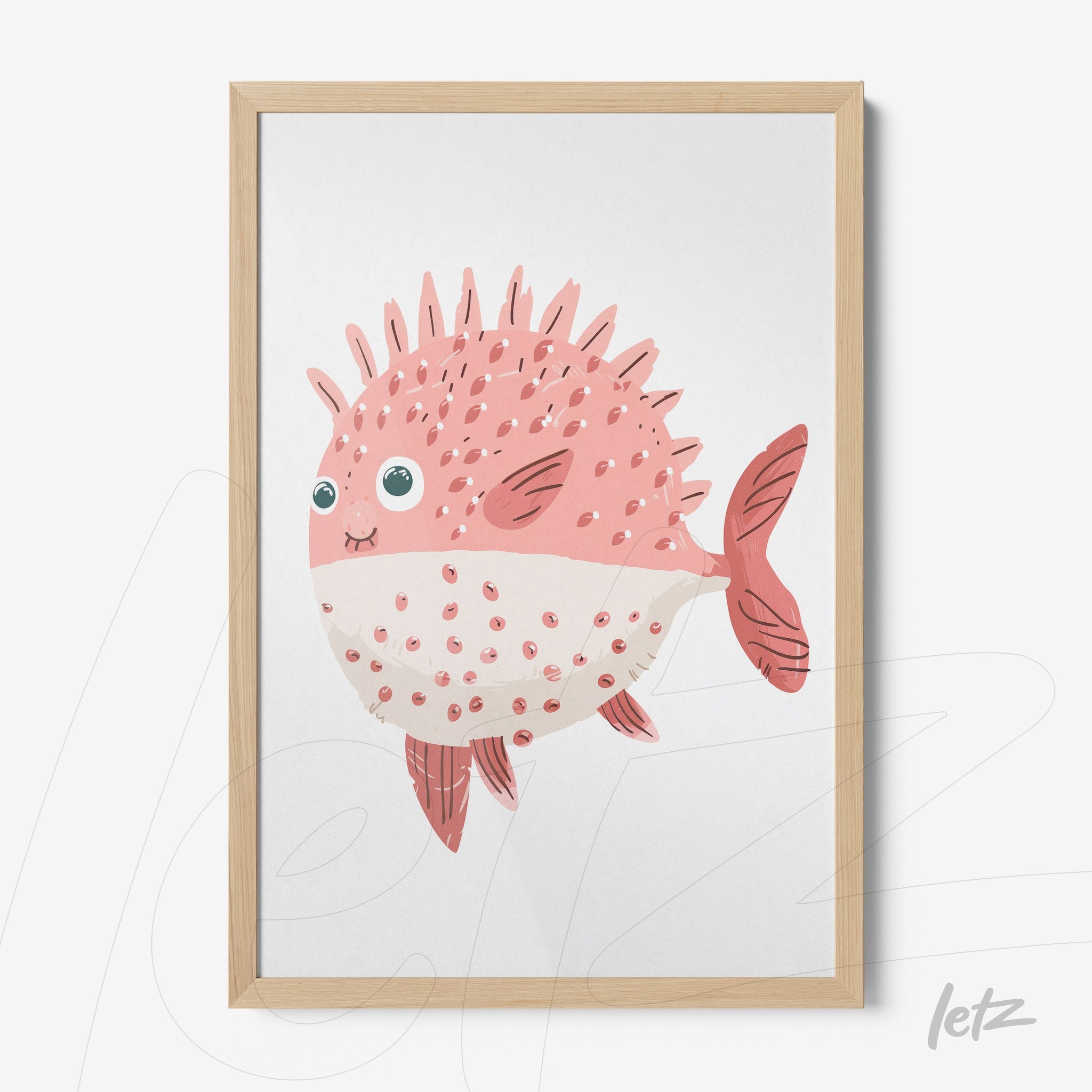 framed artwork of a cute pink pufferfish illustration with light wood frame
