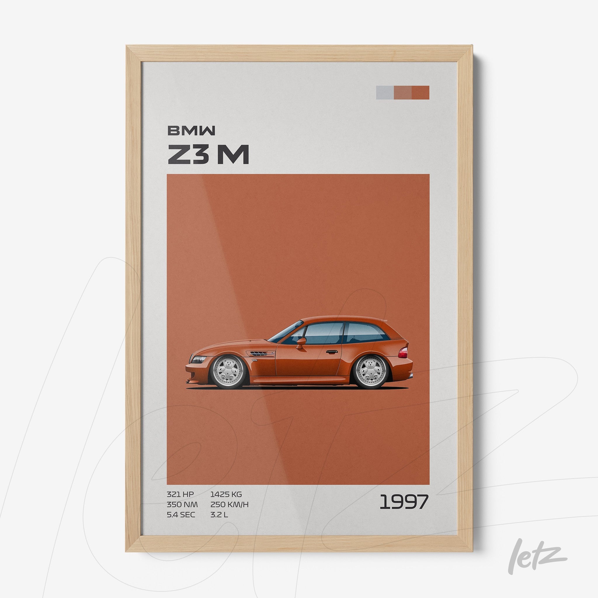 framed digital art of BMW Z3M car with light wood frame and orange background